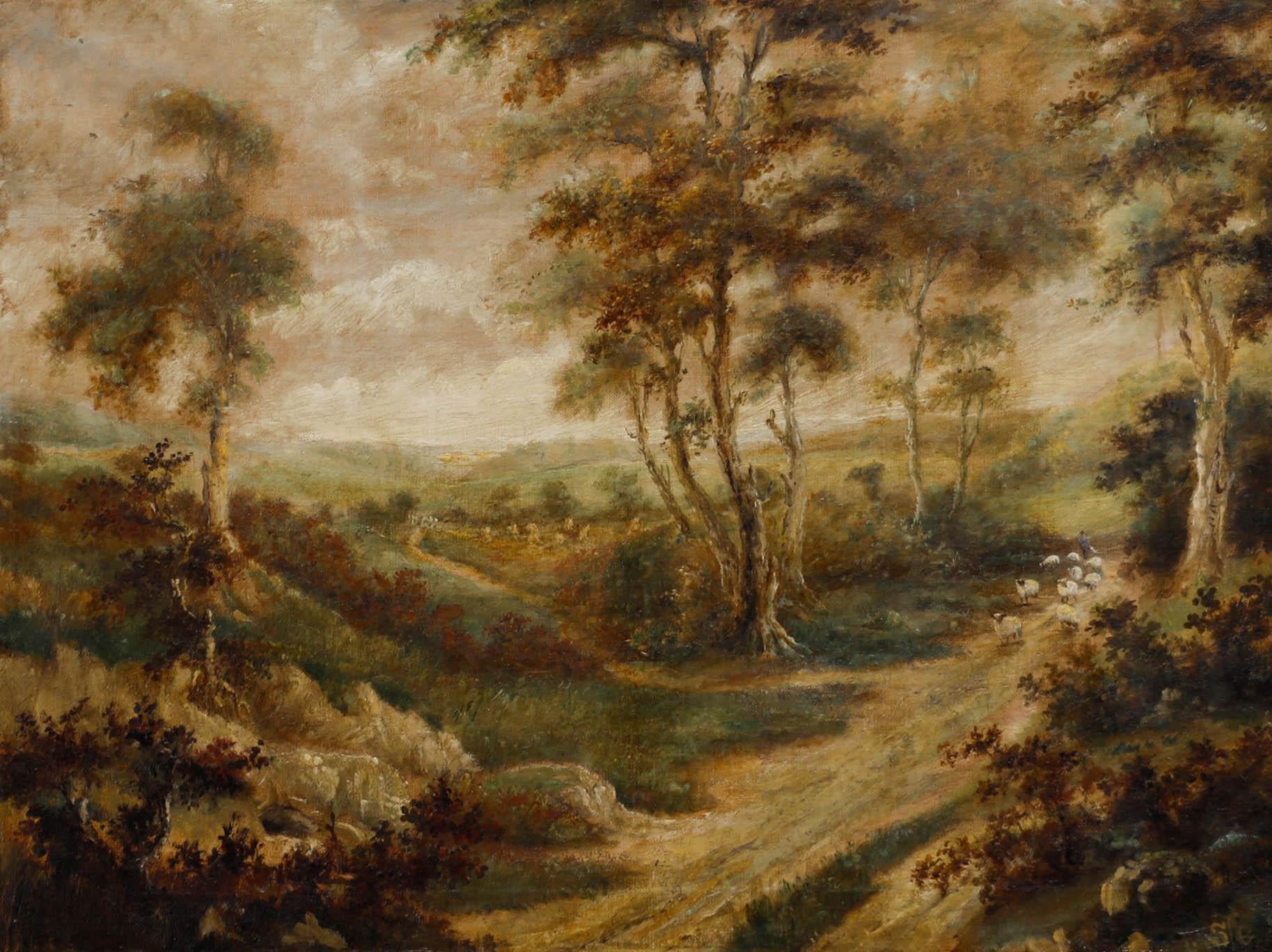 Landscape Painting Unknown - Huile sur toile du début du 20e siècle - Moutons sur un chemin de campagne