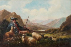 Early 20th Century Oil - Shepherd In The Scottish Highlands