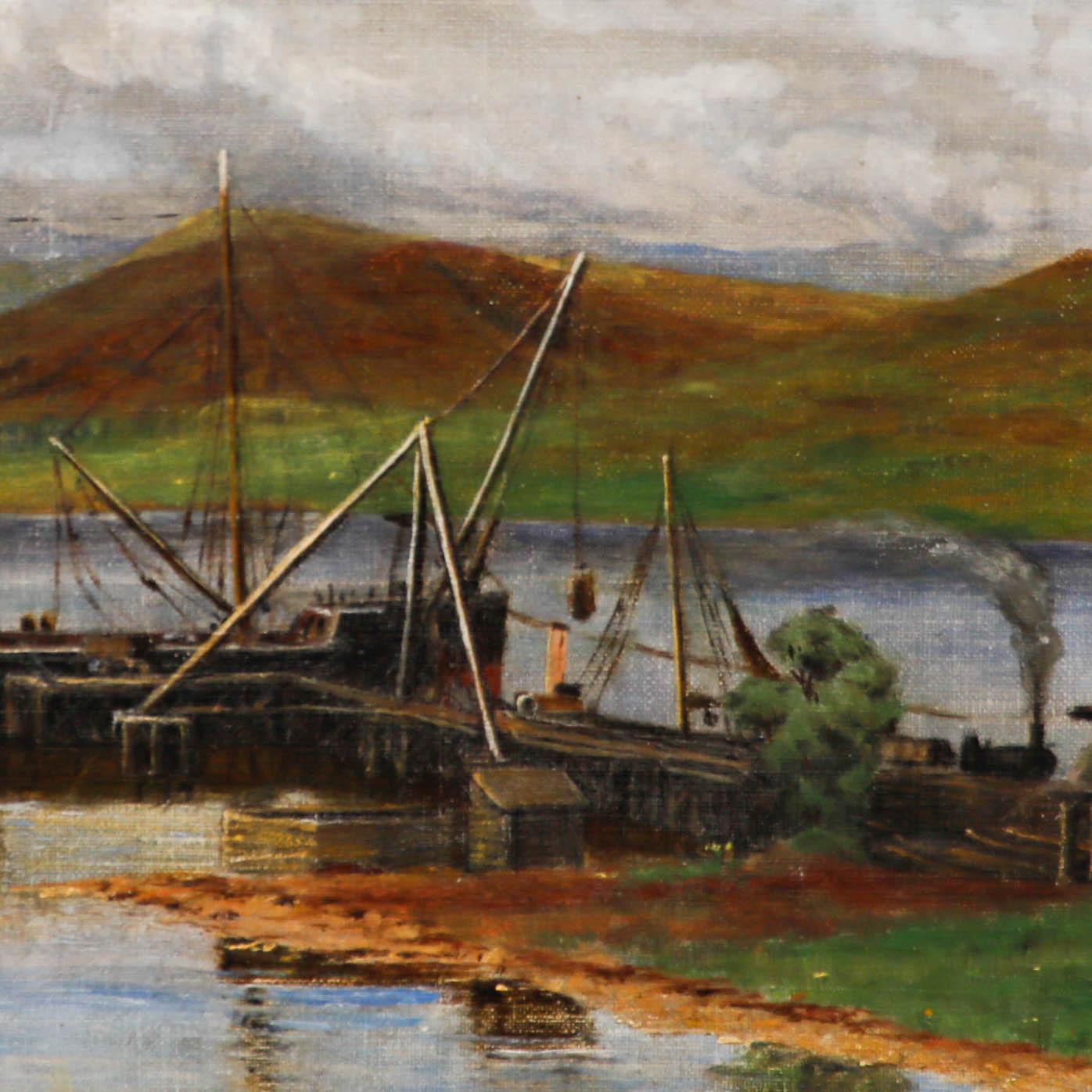 Une charmante étude d'un chantier naval dans les Highlands écossais représentant des bateaux devant des montagnes. Non signée. Présenté dans un cadre doré avec un feuillage orné. Sur toile.