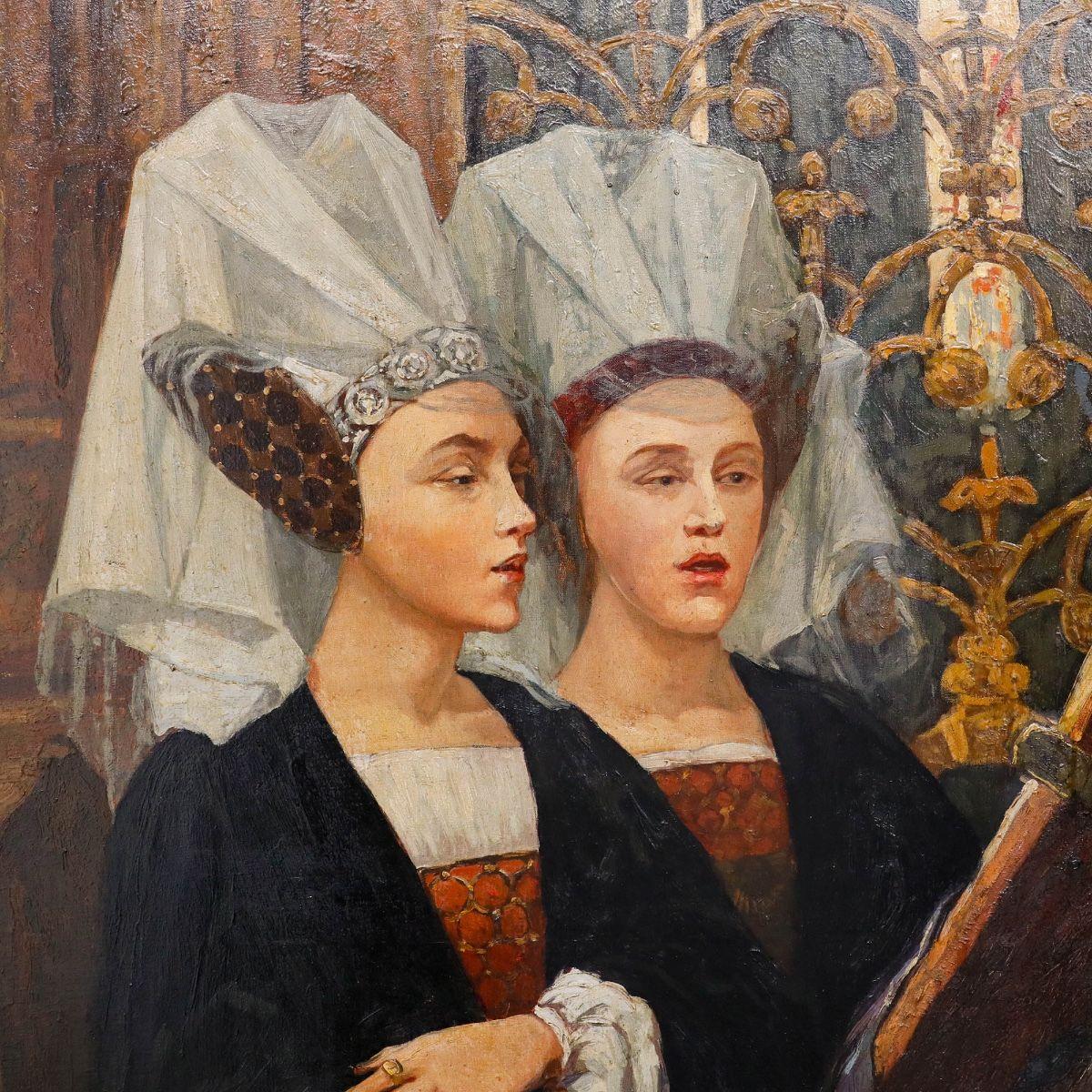 A charming oil study depicting two women in early Renaissance dress singing in the chancel of a cathedral from a song book. The artist captures the women's ornate European headdresses in fine detail, showing their intricate pinned lacing and heavily