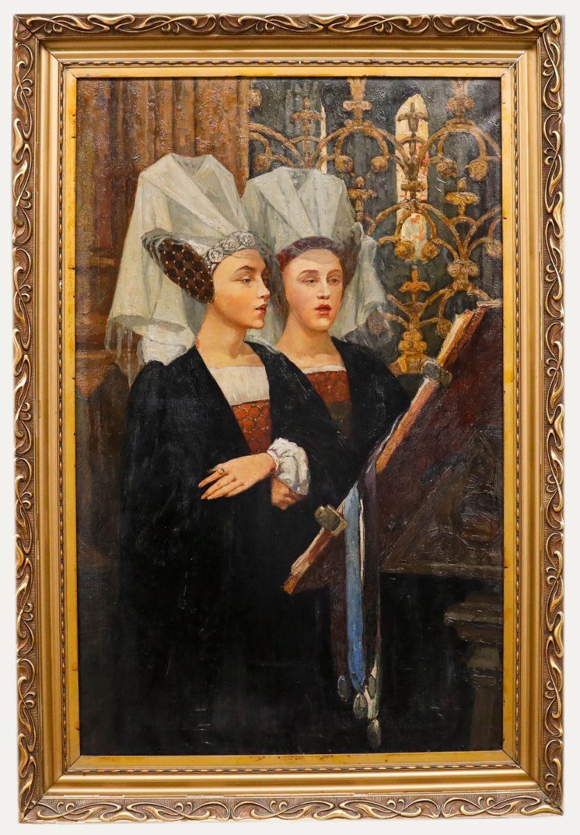 Unknown Figurative Painting - Early 20th Century Oil - Singing in The Chancel