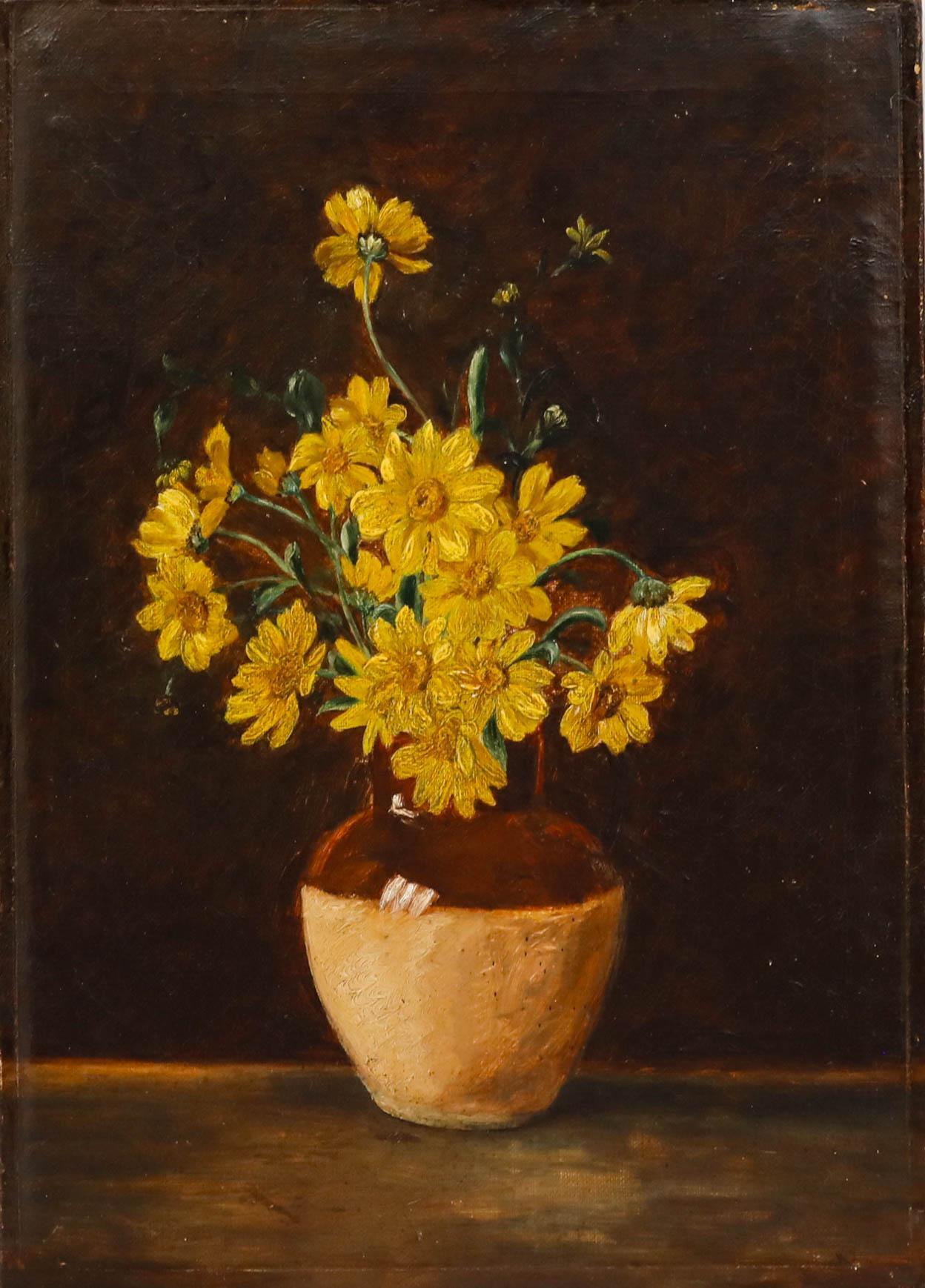 Öl des frühen 20. Jahrhunderts - Stilleben mit gelben Blumen – Painting von Unknown