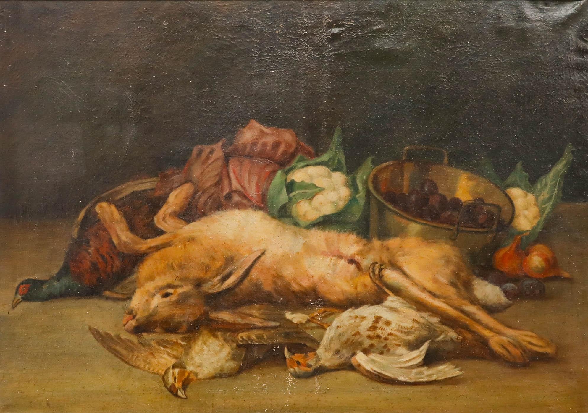 Huile du début du 20e siècle - Nature morte au chou-fleur et au gibier - Painting de Unknown