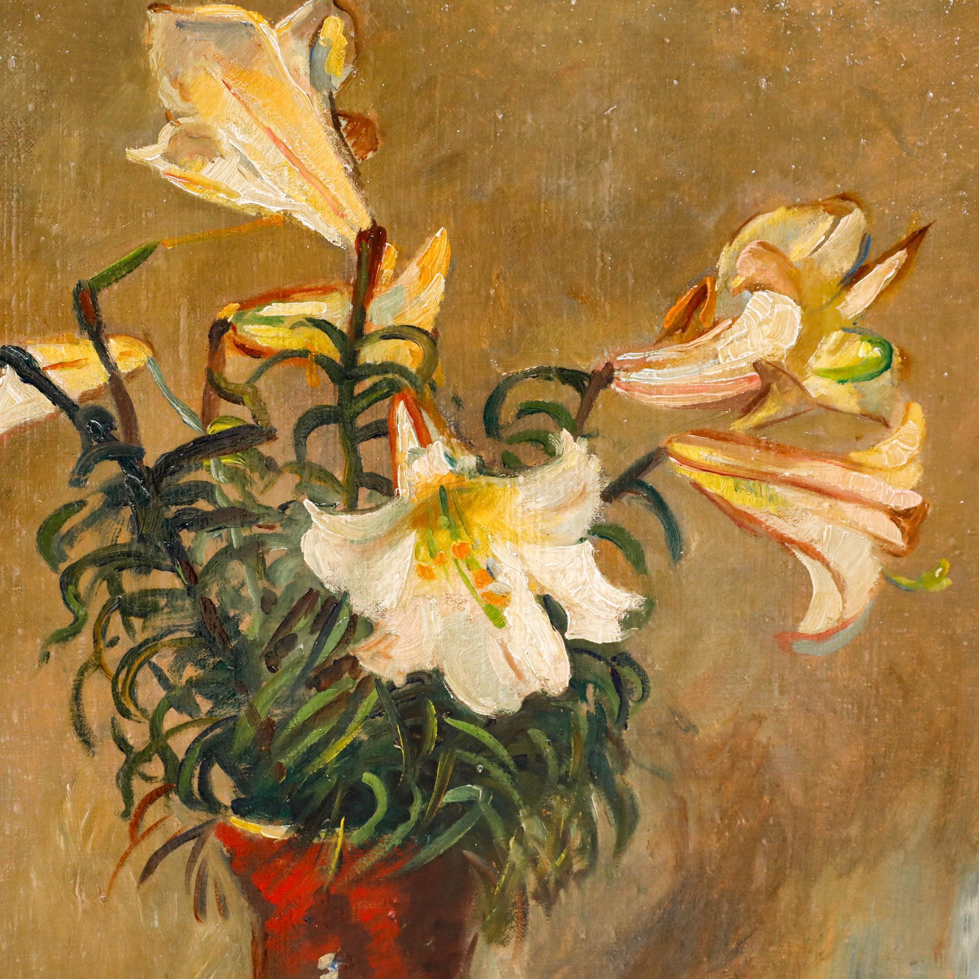 Ein charmantes Stillleben aus dem frühen 20. Jahrhundert, das Lilien mit sanft fallenden Blütenblättern zeigt. In einem lockeren, ausdrucksstarken Stil gemalt, fängt der Künstler die anmutigen Locken der Lilienblätter ein, die sich ineinander