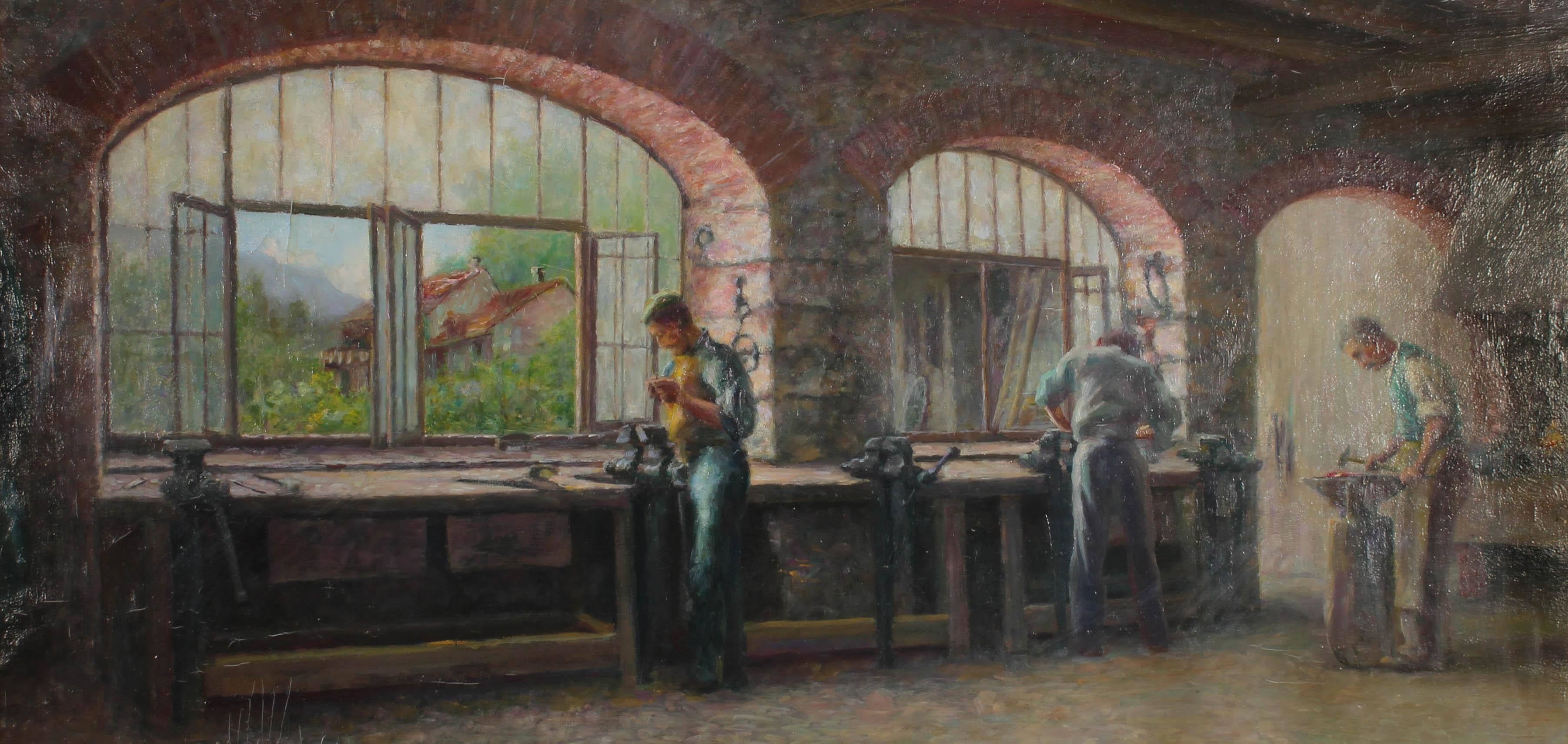 A fine early Century oil interior scene showing a blacksmith's workshop, with three men working at their stations with large, arched windows flooding the space with natural light and the greenery of the outside adding colour to the muted scene. The