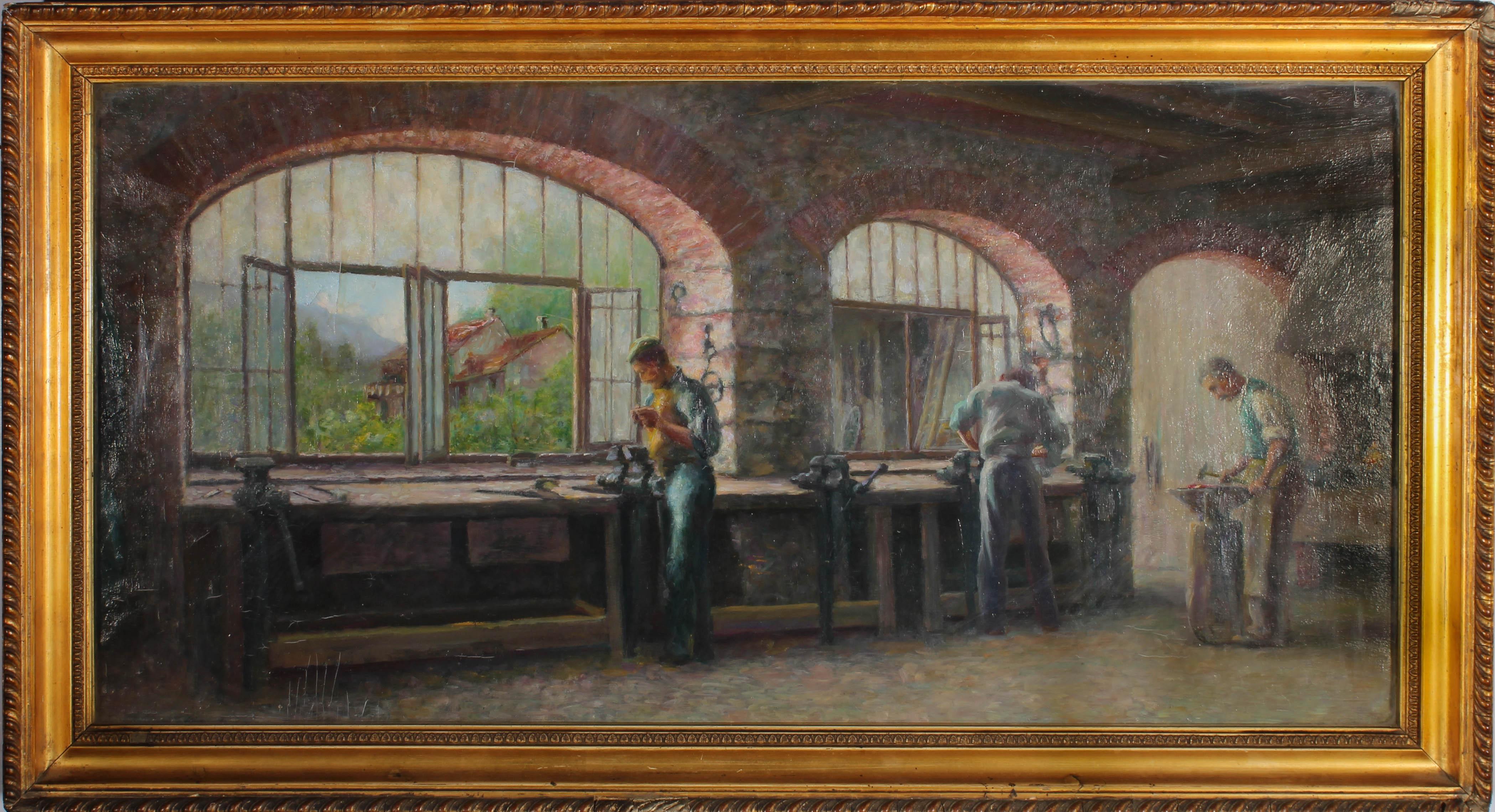 Unknown Interior Painting - Early 20th Century Oil - The Blacksmiths
