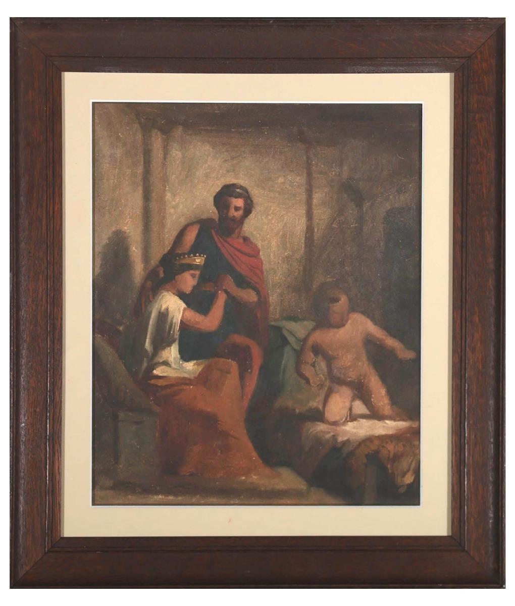 A striking early 20th Century oil scene showing a darkened interior, with a king and queen, in classical Roman style togas. A child kneels before them on a bed in a dynamic pose, adding much movement to the scene. The king holds the queen's hand and