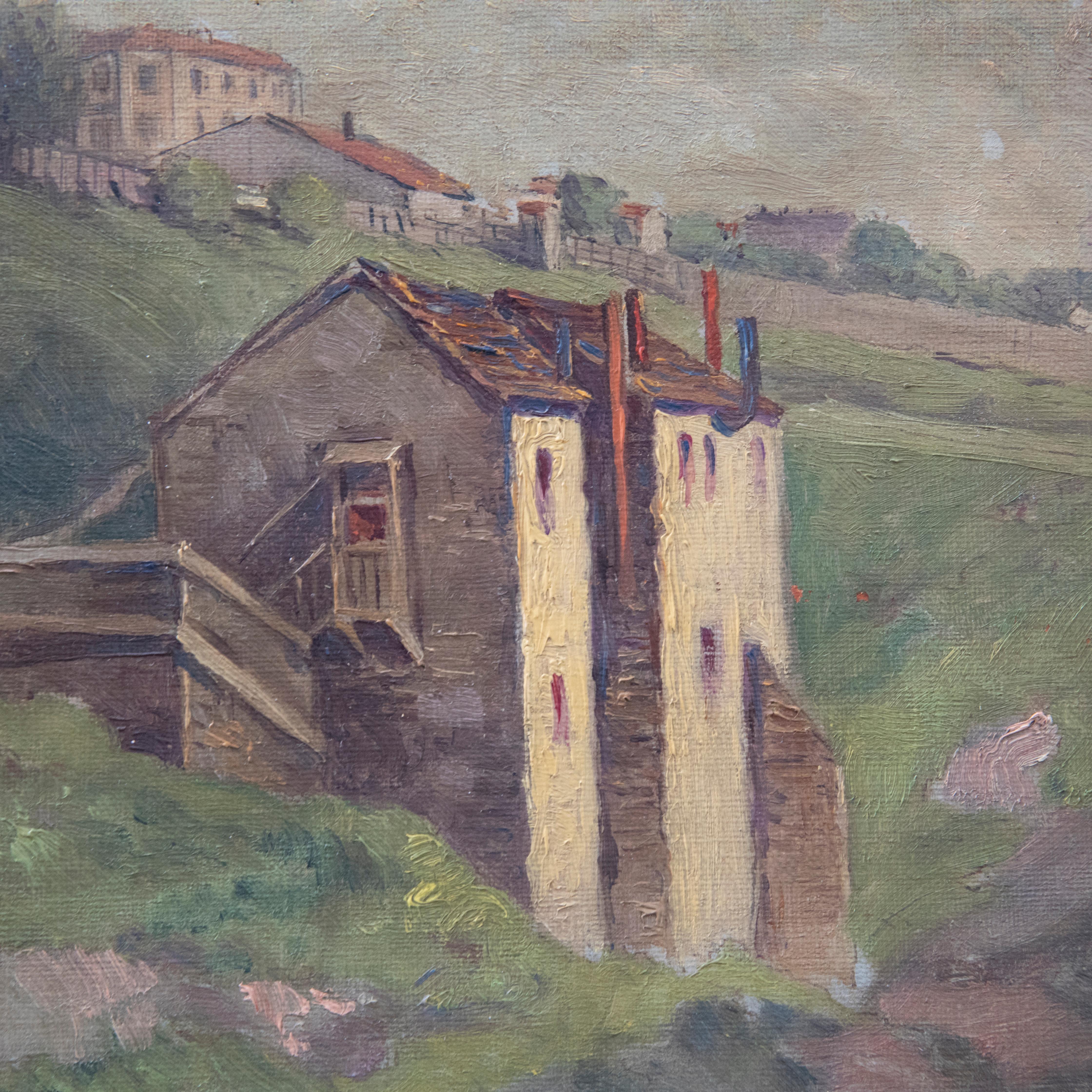 A charming, stylised study of a french landscape with a mill in the foreground. In the distance a farm sits at the top of the hill surrounded by buildings. Unsigned. On canvas. 
