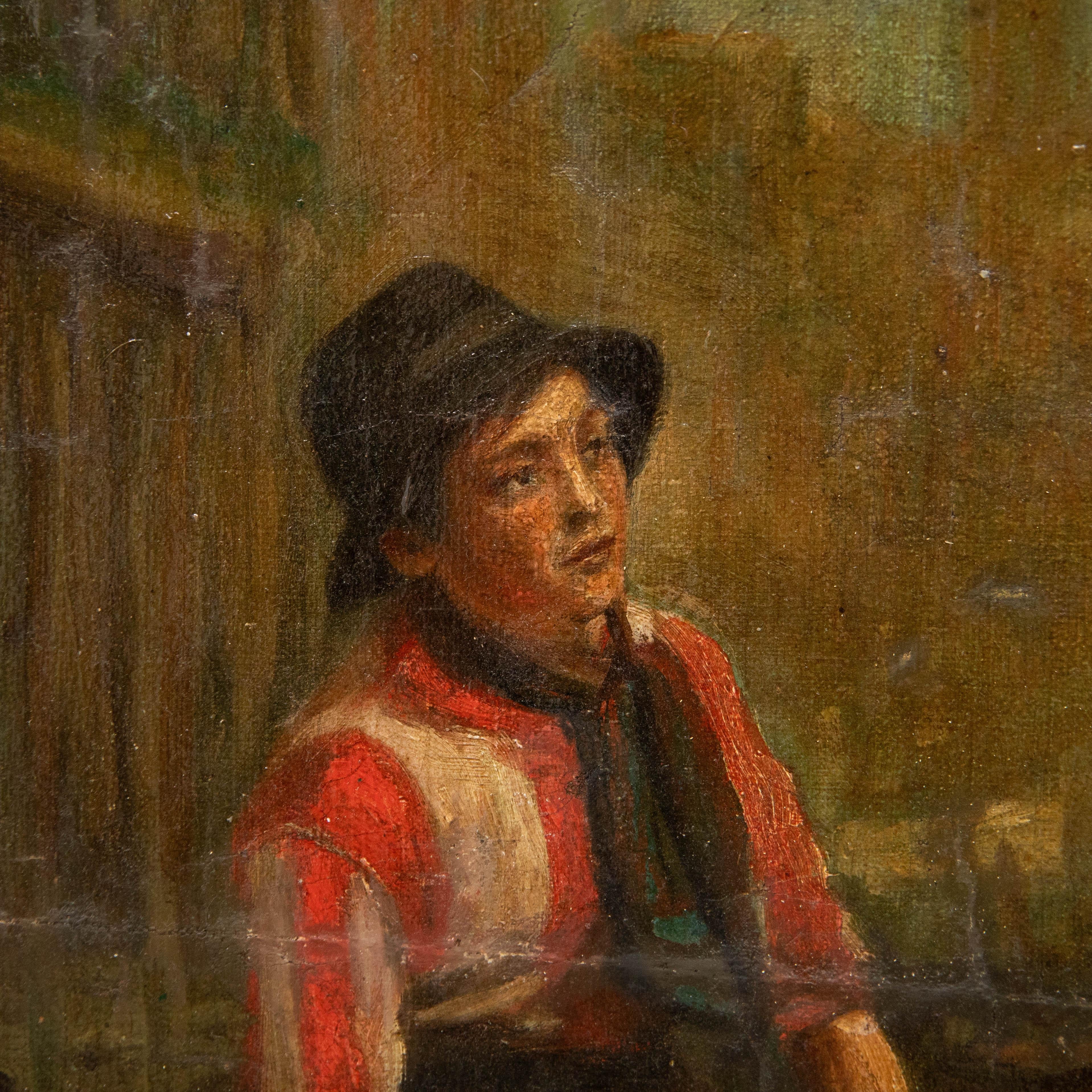 A handsome study of a young Venetian boy sat by the water's edge. Unsigned. On canvas.