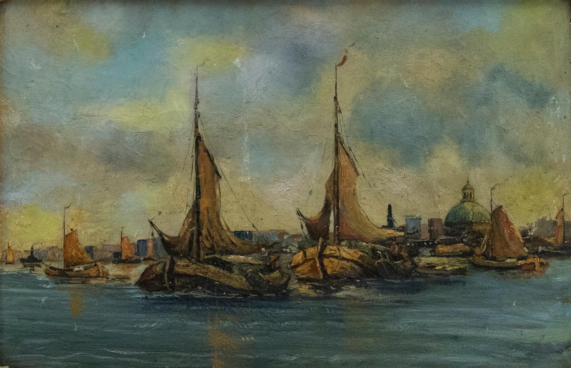 Early 20th Century Oil - Venetian Fishing Boats - Painting by Unknown
