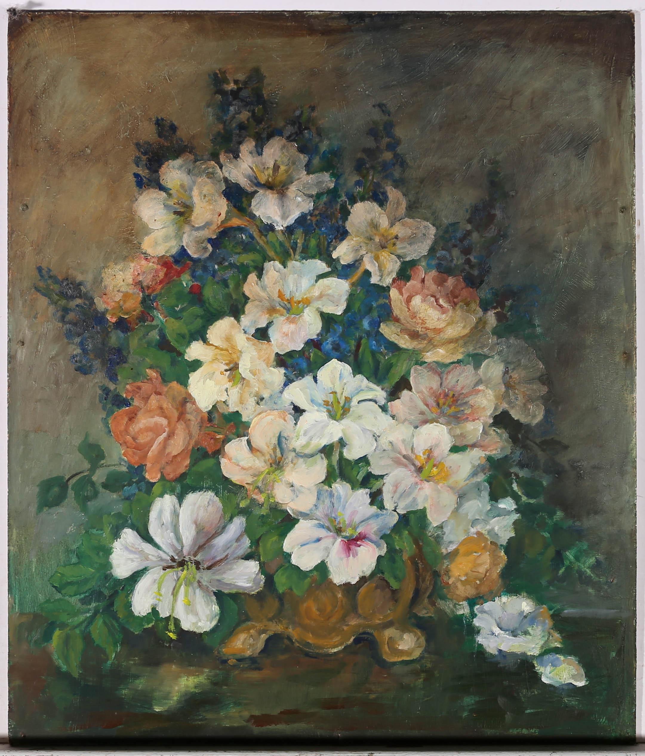 A charming oil study of a vase of vibrant flowers. Unsigned. On board.
