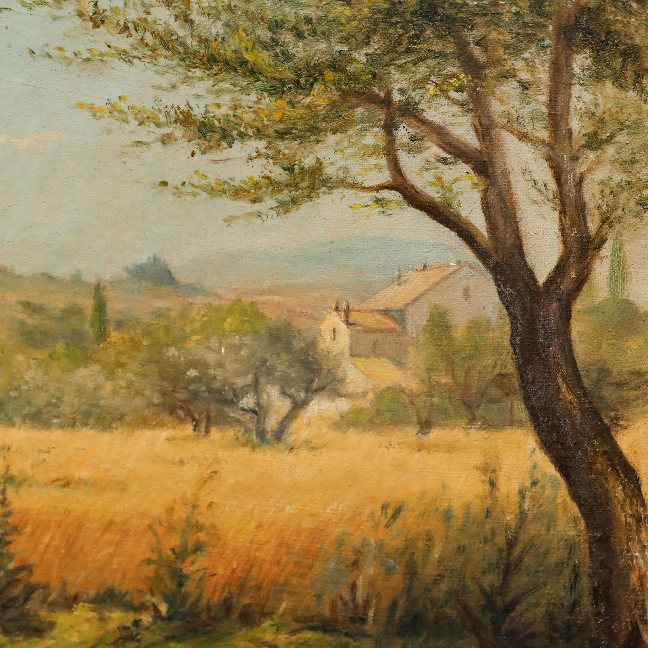 Eine charmante Szene, die eine mediterrane Landschaft mit einem Olivenhain und entfernten Villen zeigt. Nicht signiert. Präsentiert in einem vergoldeten Rahmen mit Stick und Band Detail. Auf Leinwand.