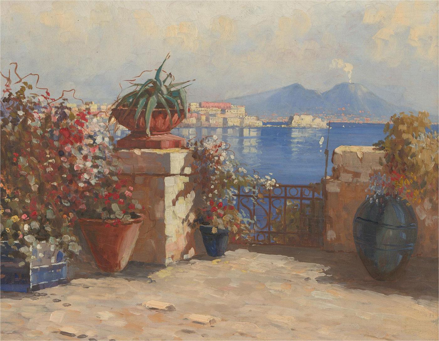 Early 20th Century Oil - View Of Vesuvius from The Bay Of Naples - Painting by Unknown