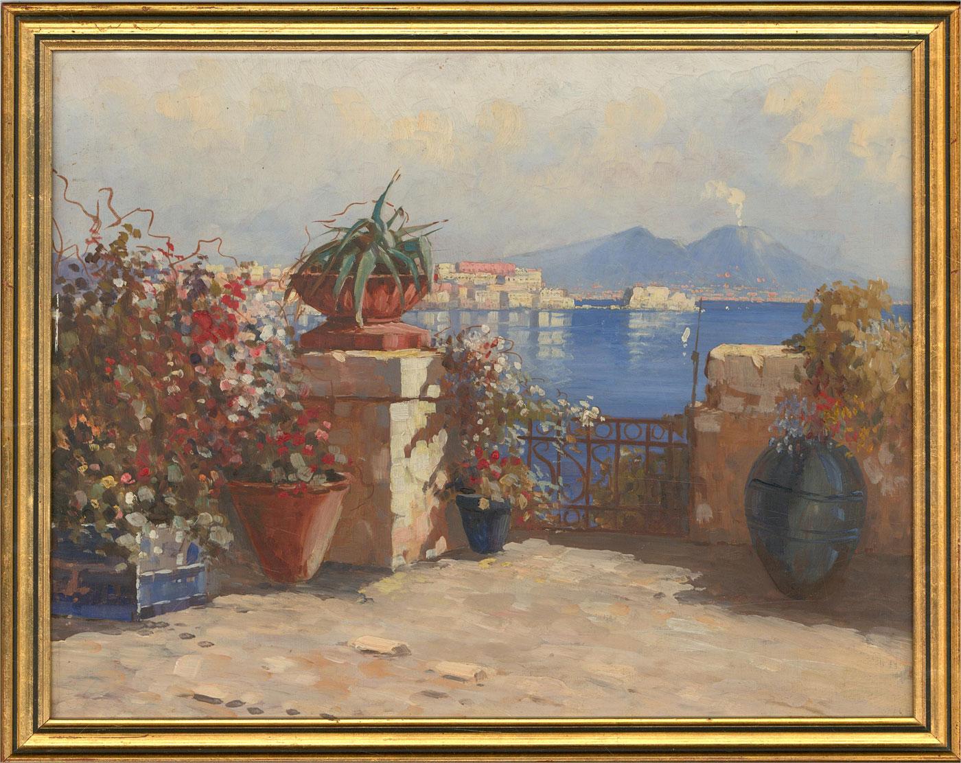 Early 20th Century Oil - View Of Vesuvius from The Bay Of Naples - Brown Landscape Painting by Unknown