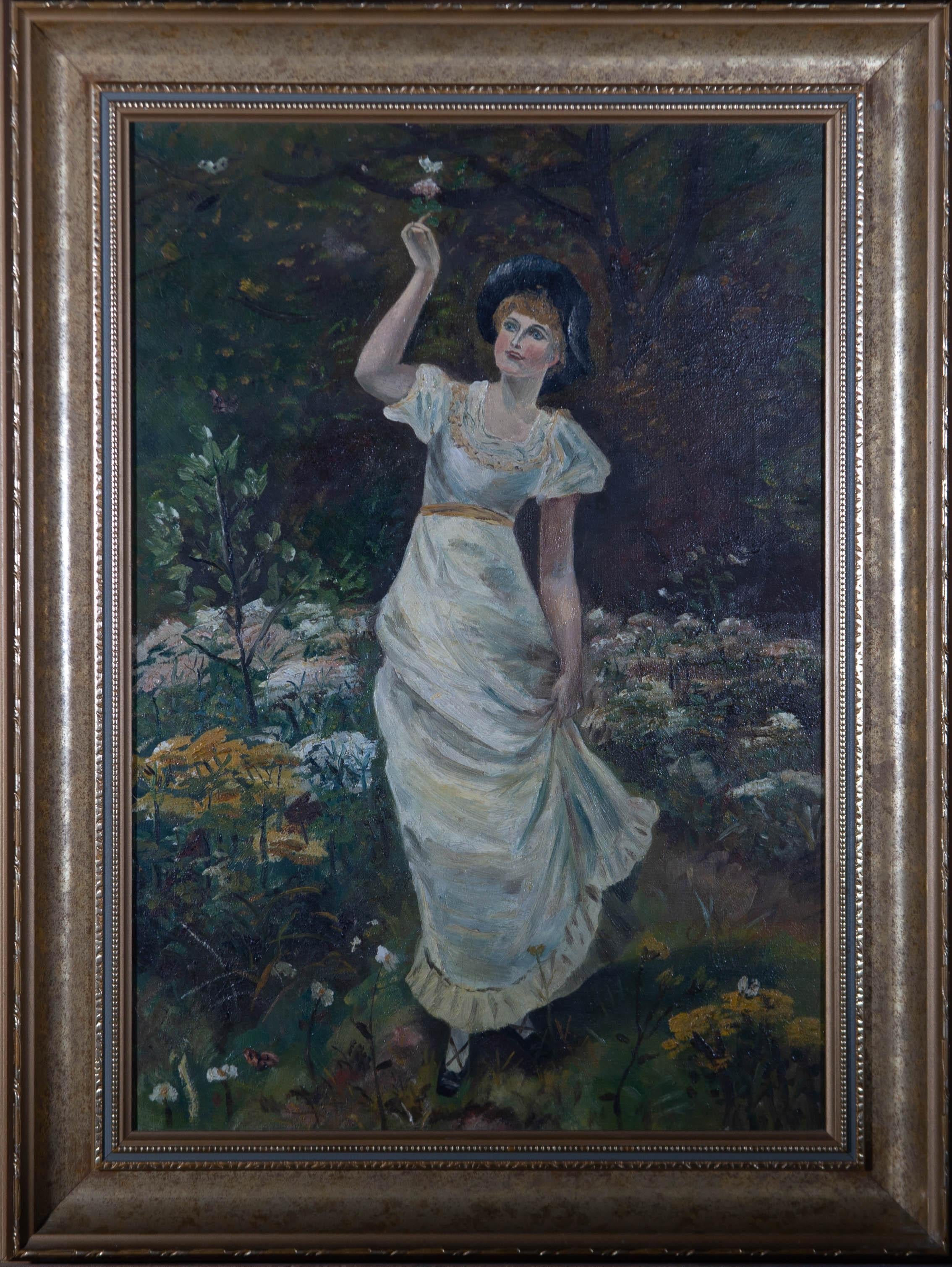 Early 20th Century Oil - Woman in a Garden - Painting by Unknown