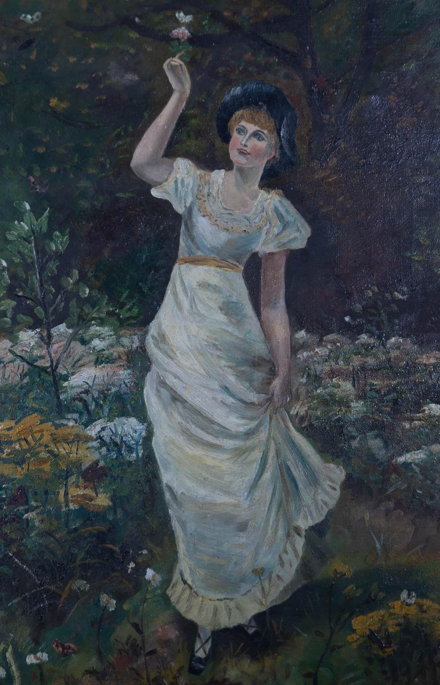 Unknown Portrait Painting - Early 20th Century Oil - Woman in a Garden