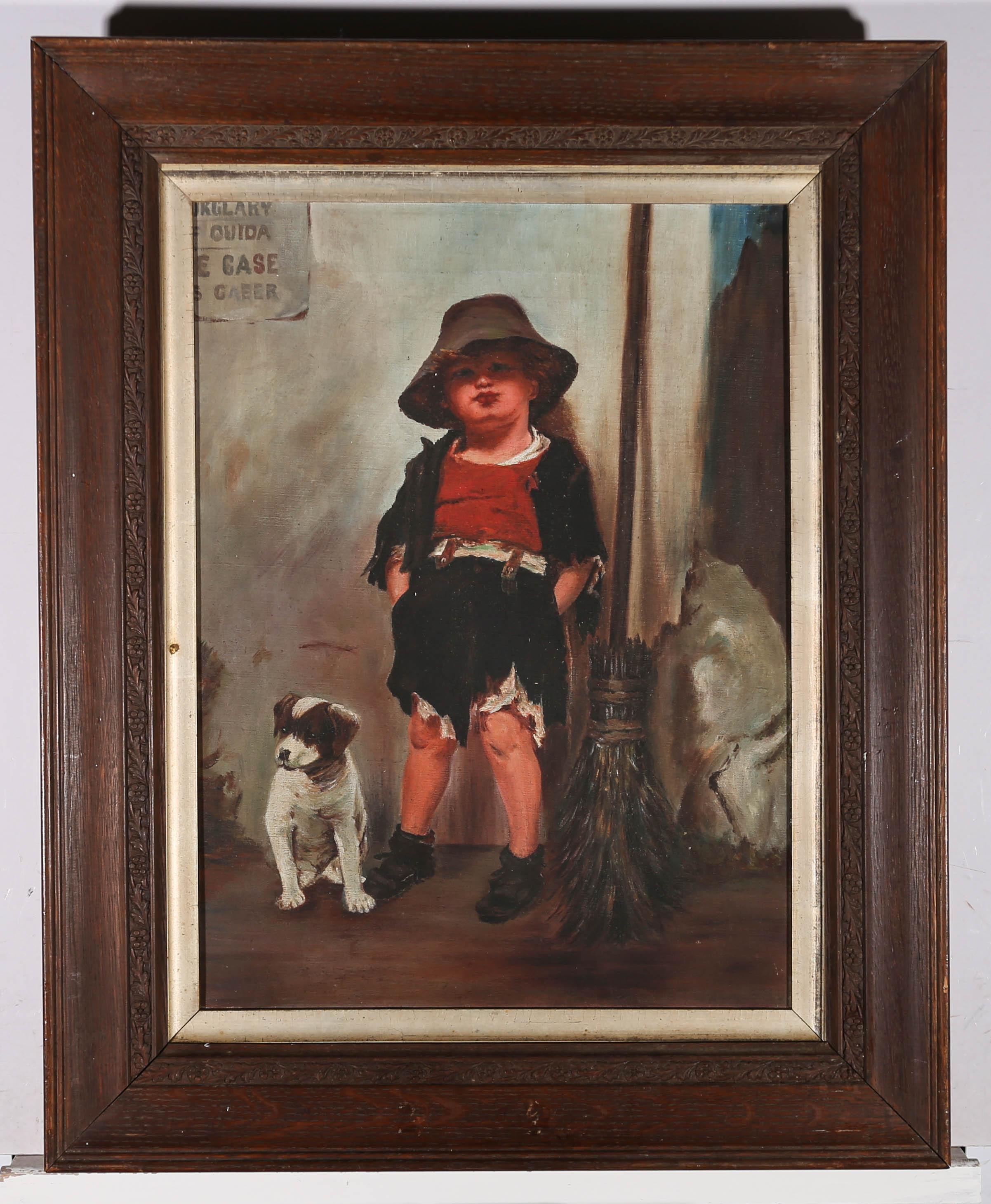 Early 20th Century Oil - Young Chimney Sweep And His Dog - Painting by Unknown