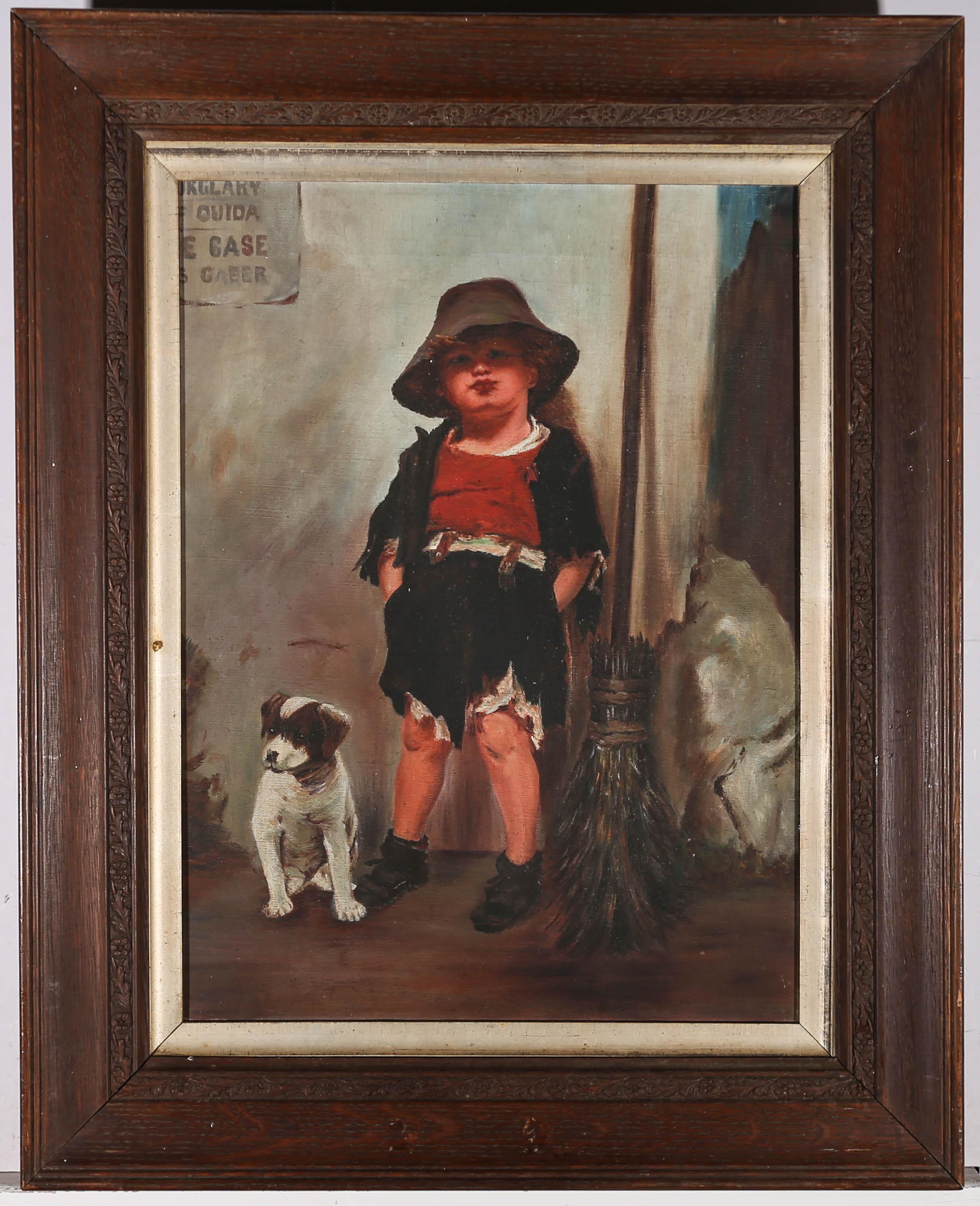 Unknown Portrait Painting - Early 20th Century Oil - Young Chimney Sweep And His Dog