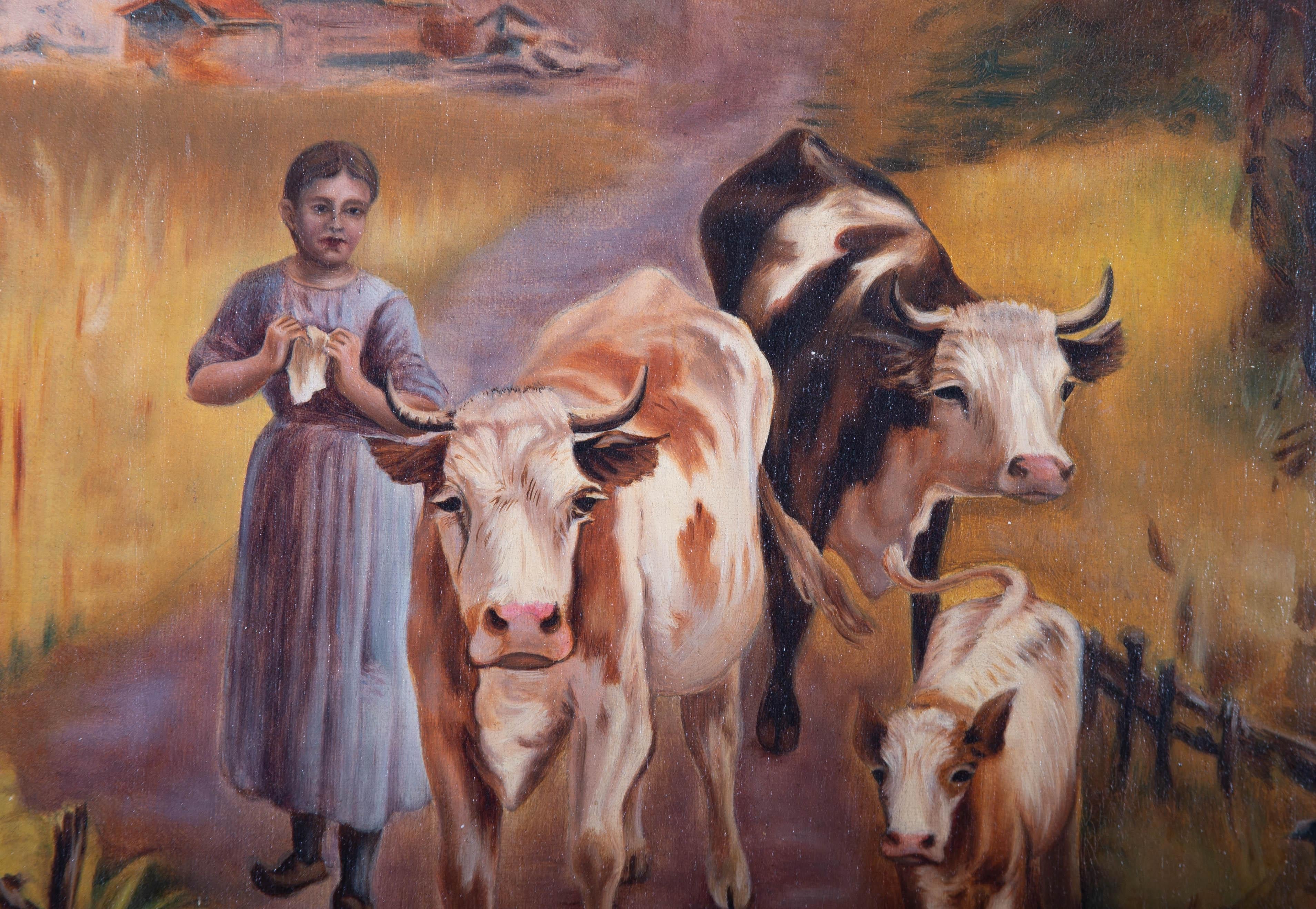 This delightful continental scene depicts a young girl leading a cattle herd down a dirt path. A small town can be seen in the distance. Unsigned. Presented in an ornate gilt frame. On canvas on stretchers.

