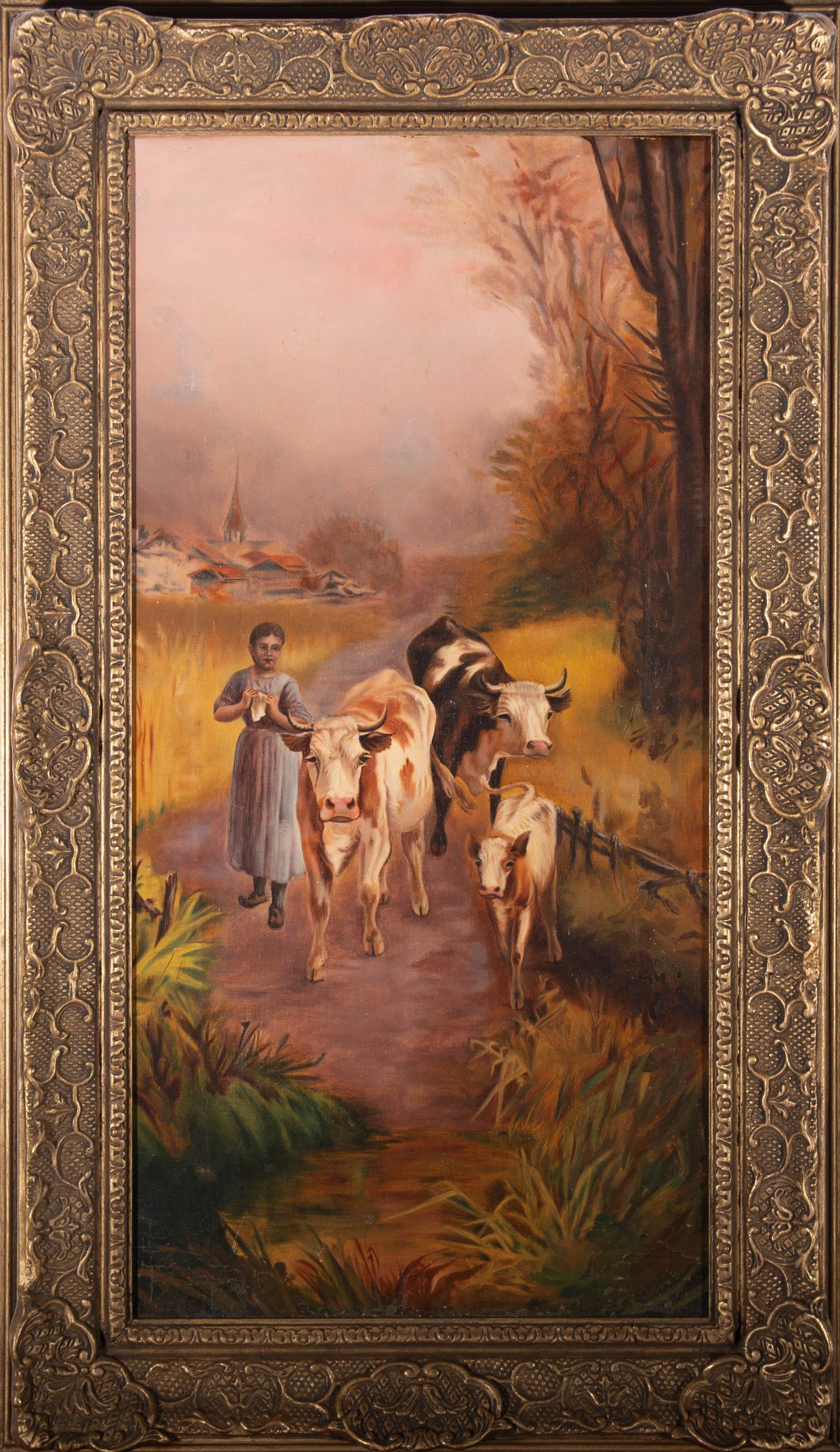 Unknown Landscape Painting - Early 20th Century Oil - Young Girl with Cows