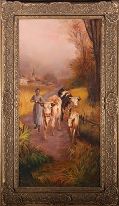 Huile du début du XXe siècle - Jeune fille avec des vaches