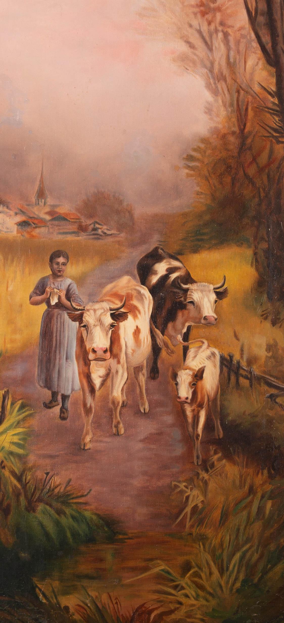 Dream-art Oil painting farmers shepherd with goat cows cattles in field by river 