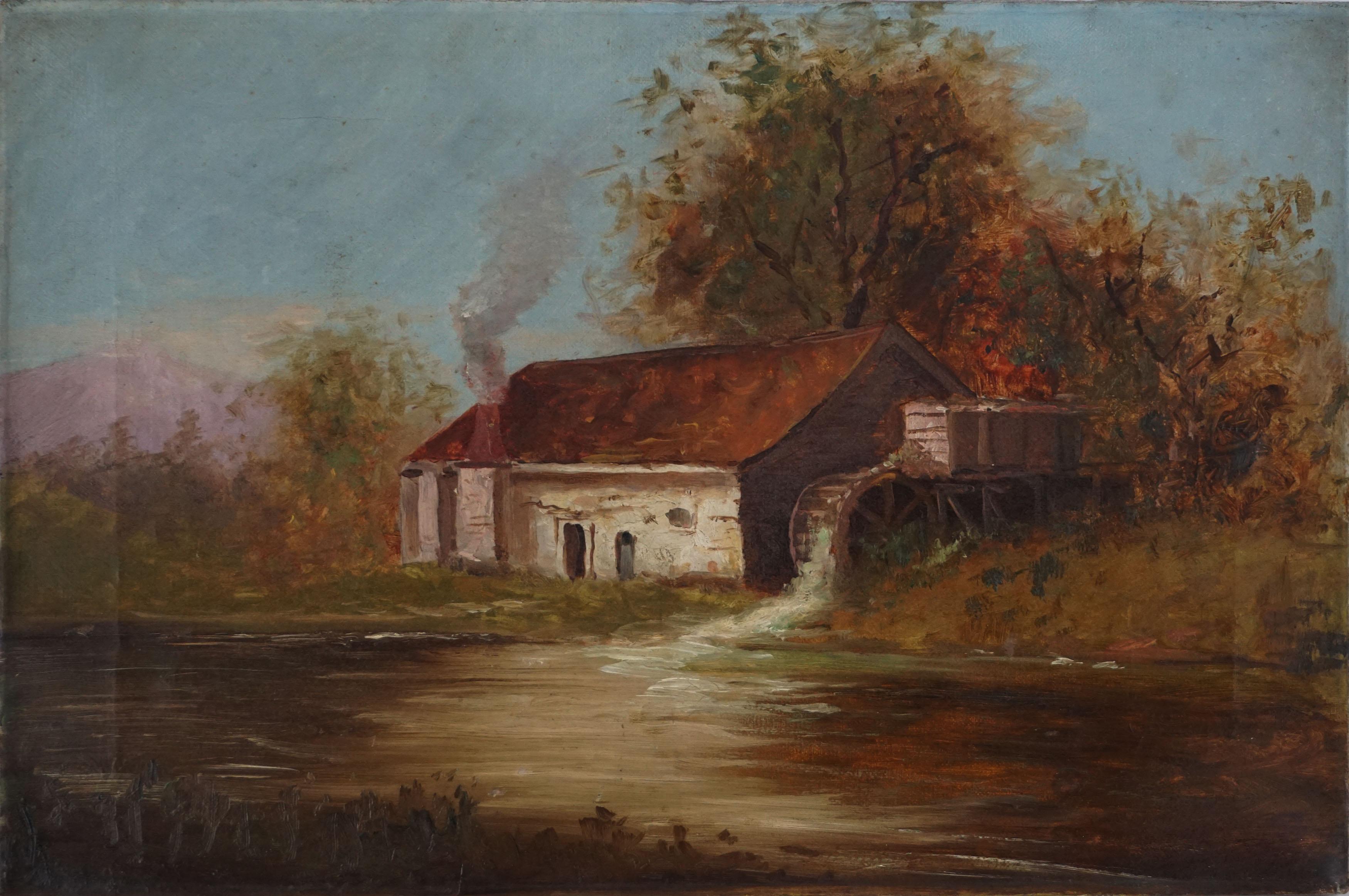 Unknown Landscape Painting – Originale Herbstlandschaft des frühen 20. Jahrhunderts – Die alte Adobe-Wassermühle