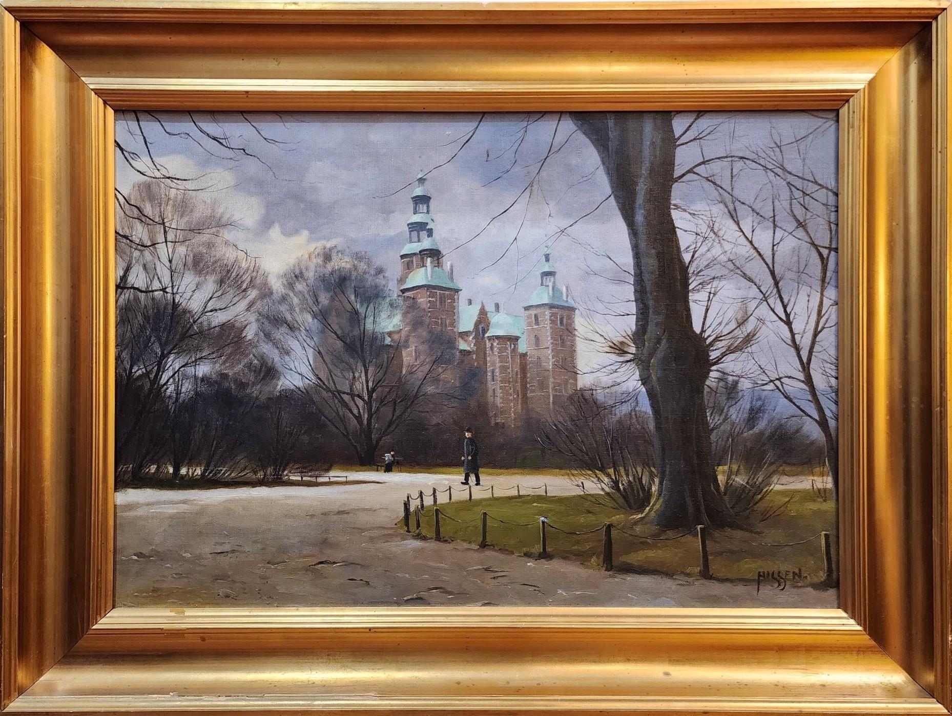 Pintura de principios del siglo XX del castillo de Fredericksborg, Dinamarca, firmada Nissen