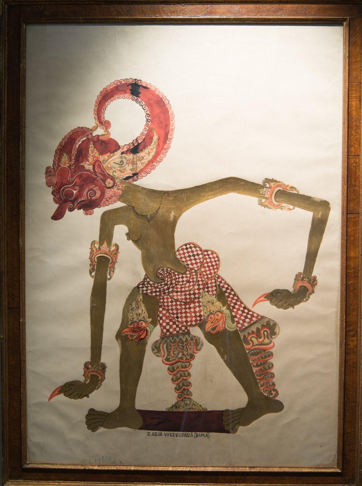 Early 20th Century Pair of Indonesian Paintings in Vintage Burl Wood Frames - Brown Figurative Painting by Unknown