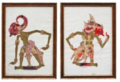 Early 20th Century Pair of Indonesian Paintings in Antique Burl Wood Frames