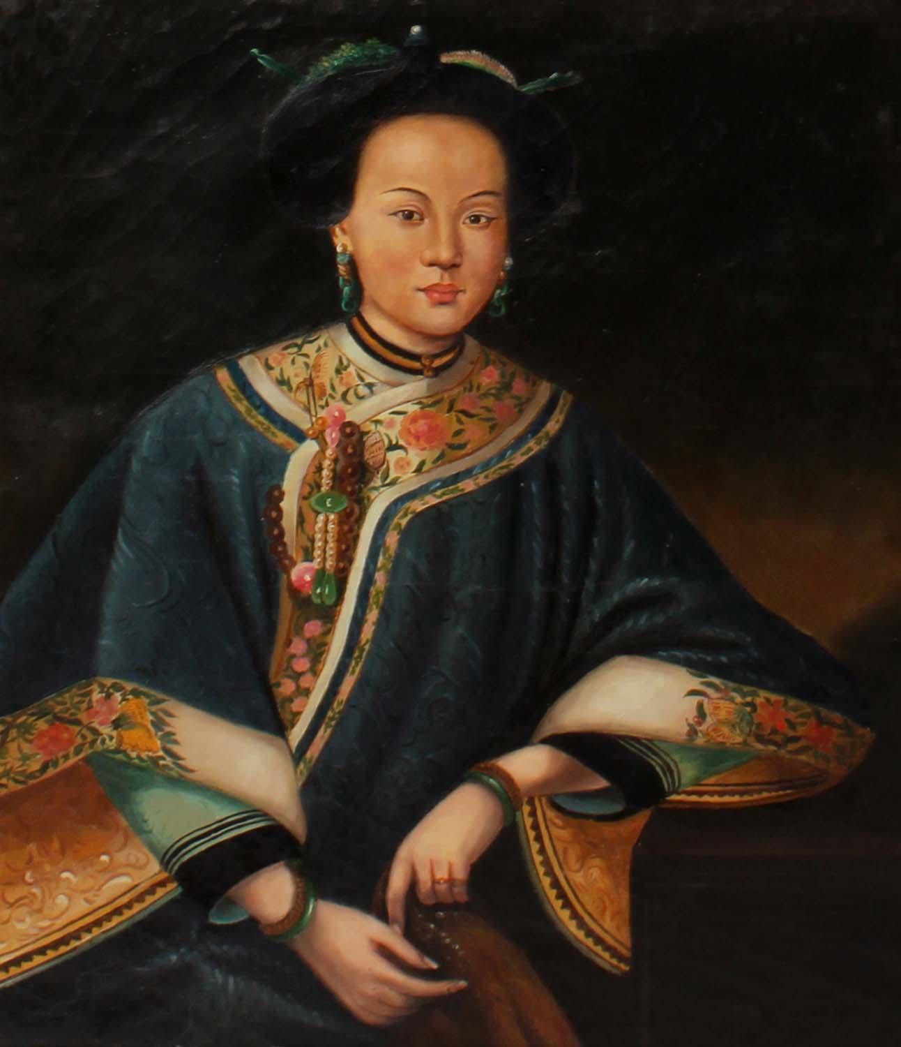 Early 20th Century Realist Portrait of an Asian Woman in a Decorative Kimono  - Painting by Unknown