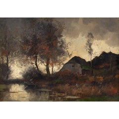 Early 20th-Century, River Landscape With Cottage, Oil Painting