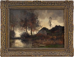 Début du 20e siècle, Paysage fluvial avec chalet, peinture à l'huile 