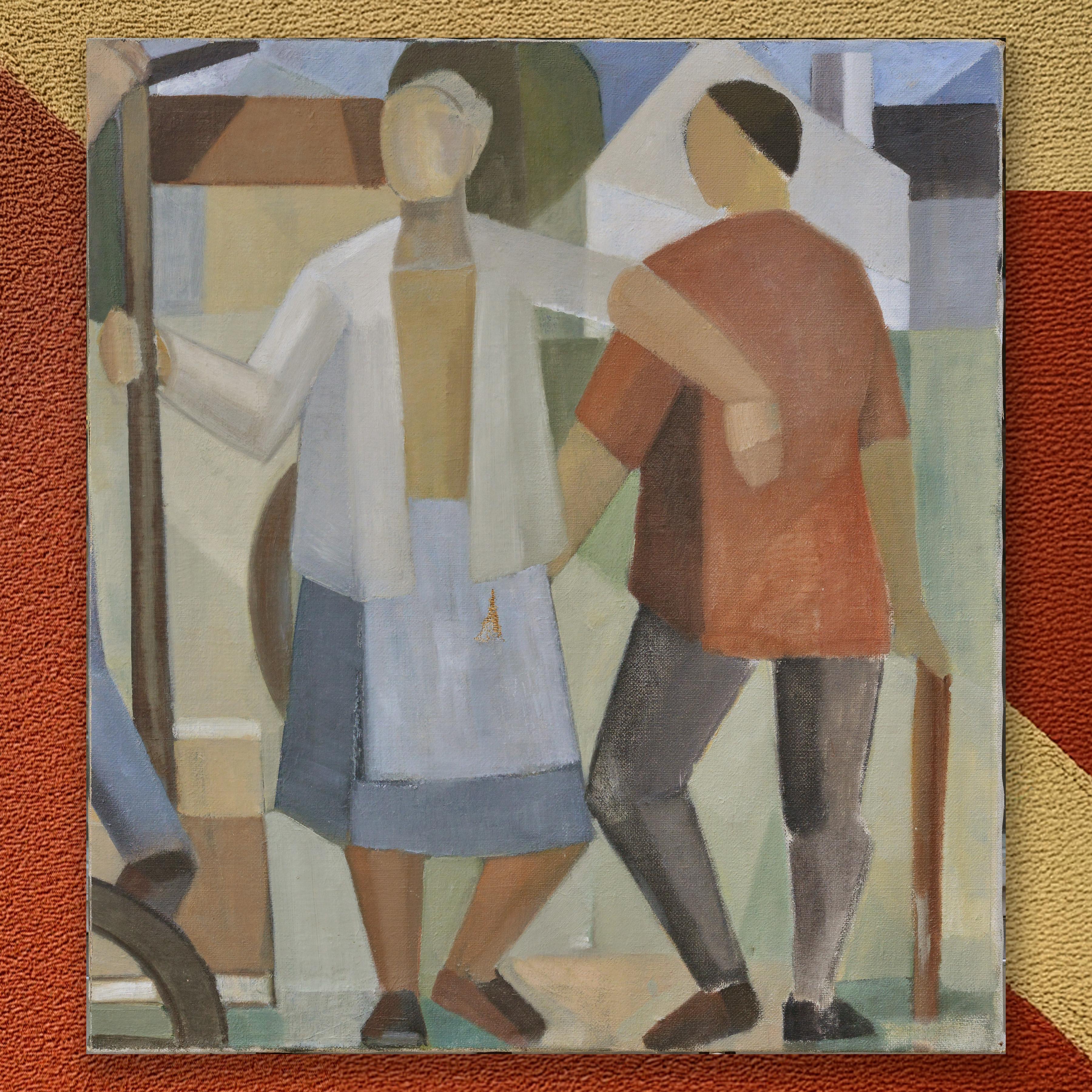 Early 20th Century Russian Cubist Style Large Oil Painting Farmers Scene - Brown Abstract Painting by Unknown