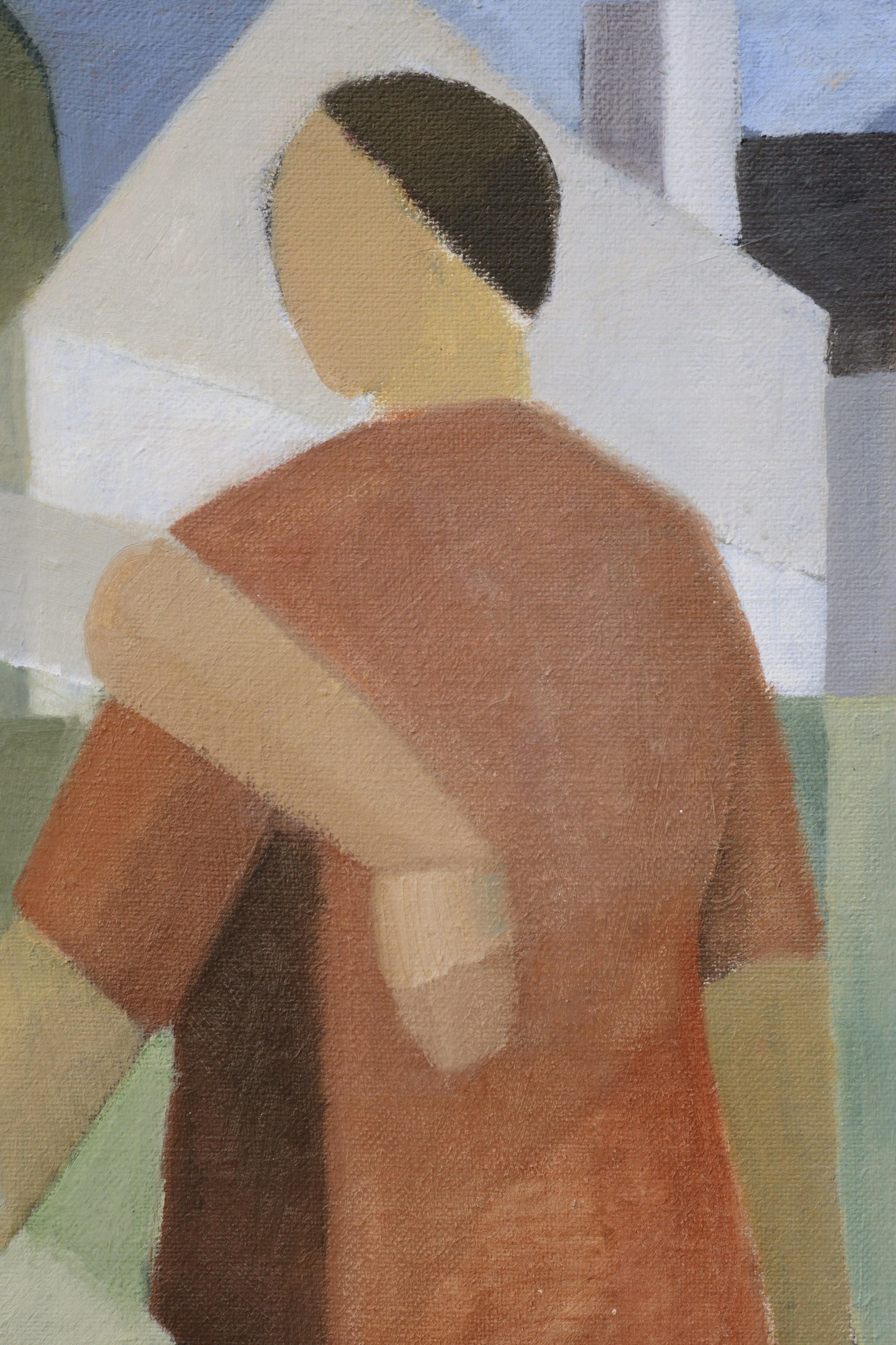 This monumental Cubist composition depicts two figures in the distinctive manner of Russian avant-garde masters. The geometric abstraction and overall scene construction reflect the revolutionary visual language of early 20th-century Russian