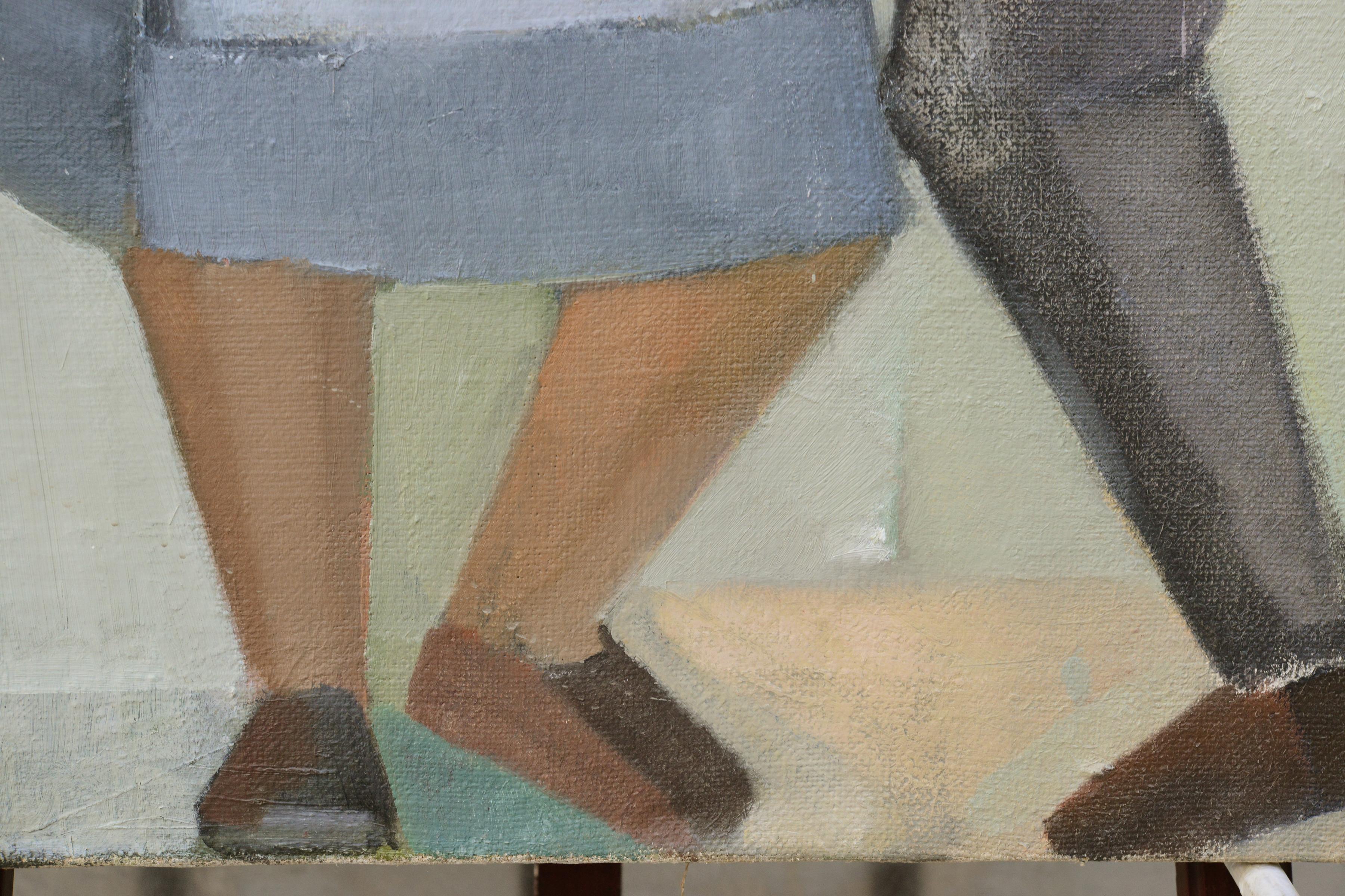 Early 20th Century Russian Cubist Style Large Oil Painting Farmers Scene For Sale 2