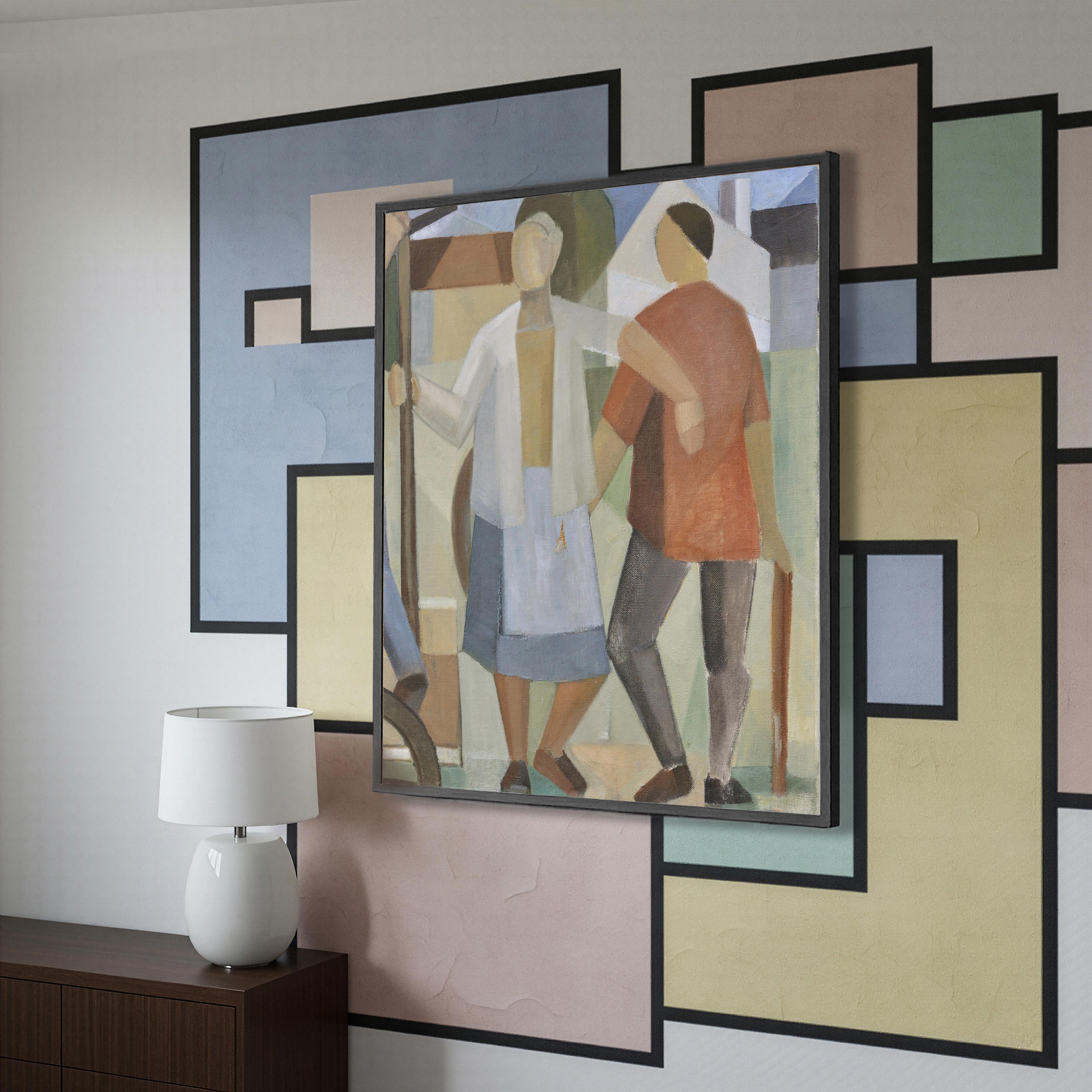 Early 20th Century Russian Cubist Style Large Oil Painting Farmers Scene For Sale 6