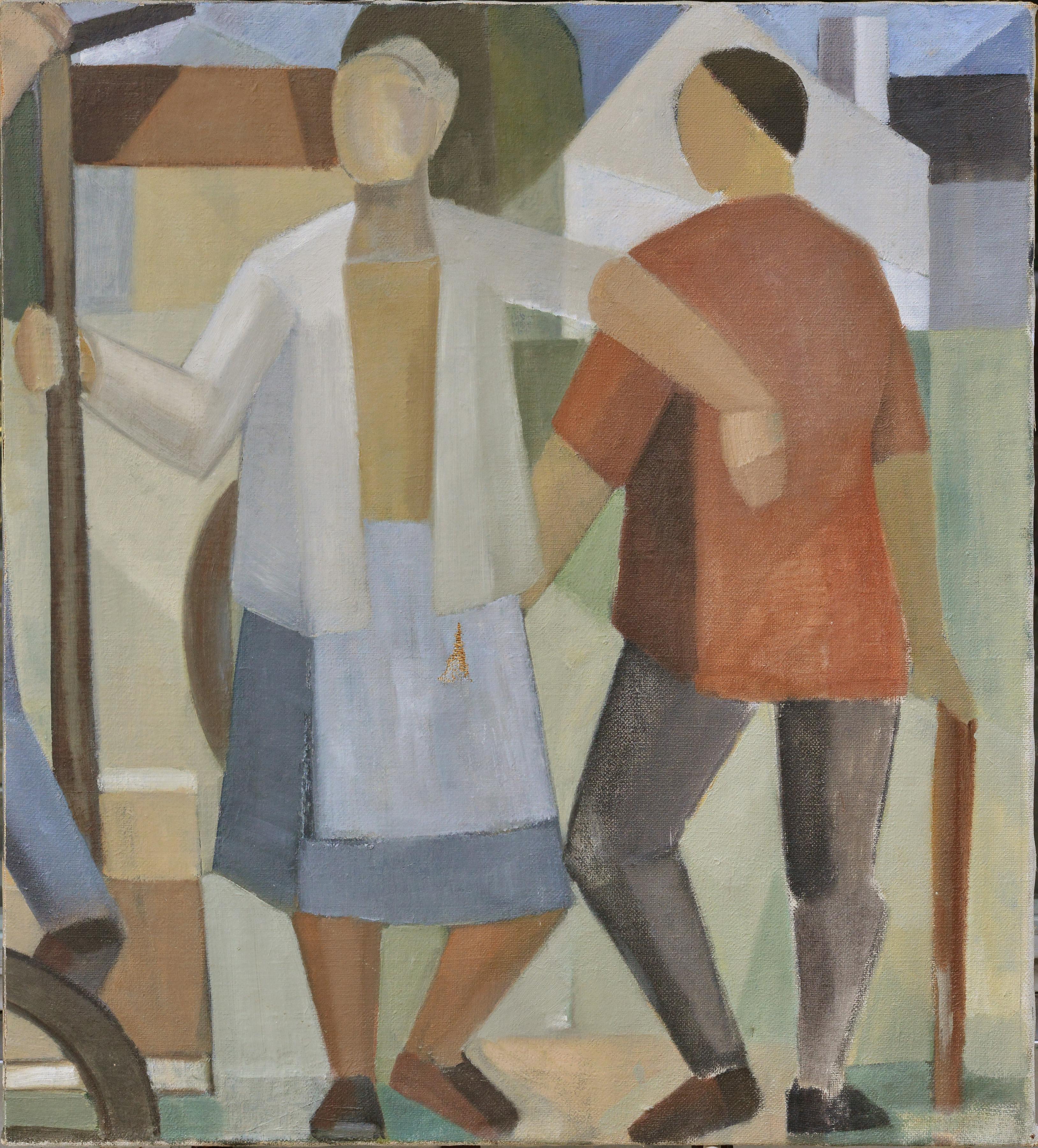 Grande peinture à l'huile de style cubiste russe du début du 20e siècle Scène paysanne