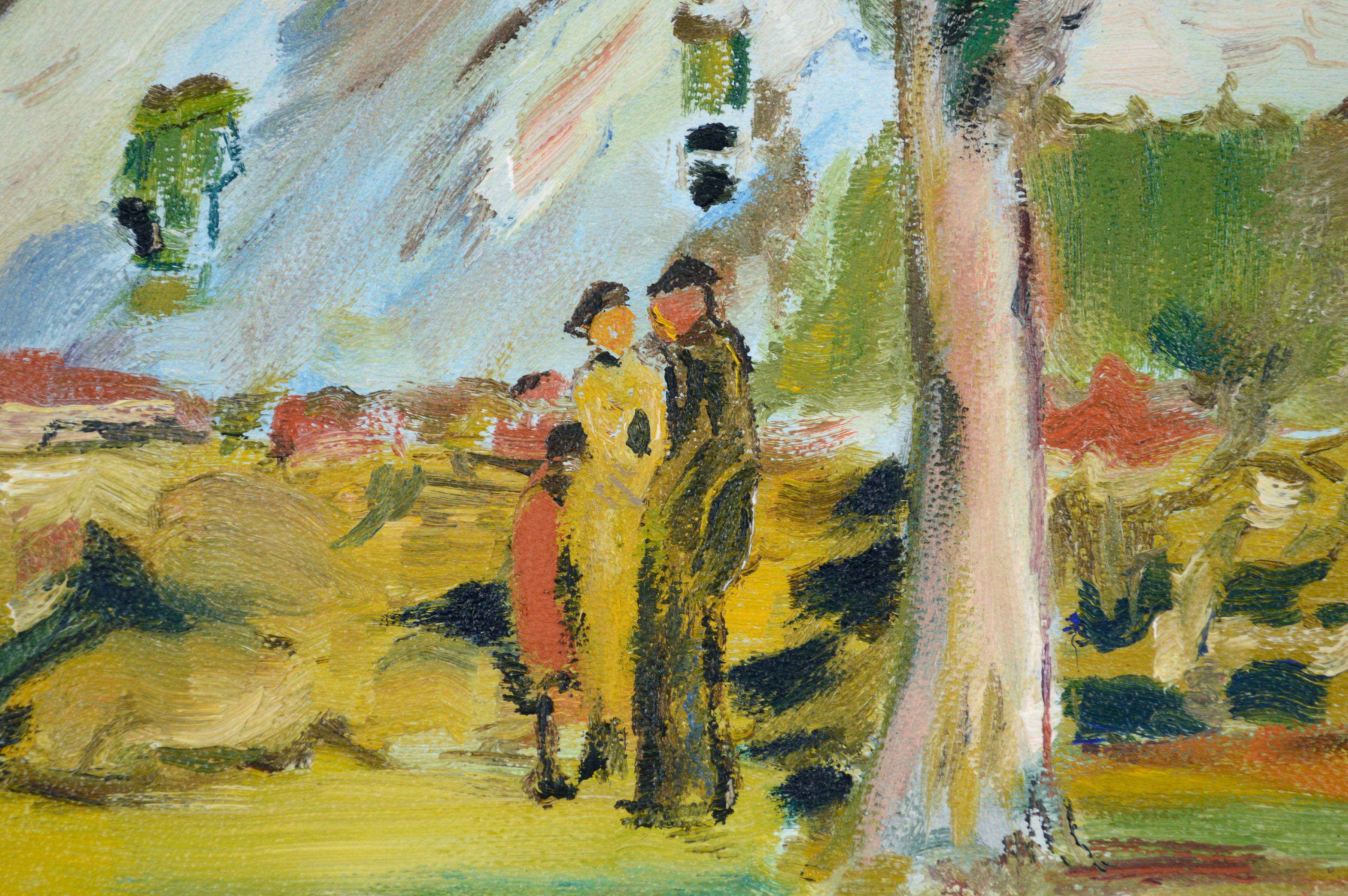 A vivid and expressive early 20th century modern figurative landscape with two small figures on a colorful street with tall trees and inviting houses, by an unknown artist, circa 1930's. In the style of Ted Kautzky. Unsigned. 

Displayed in a new