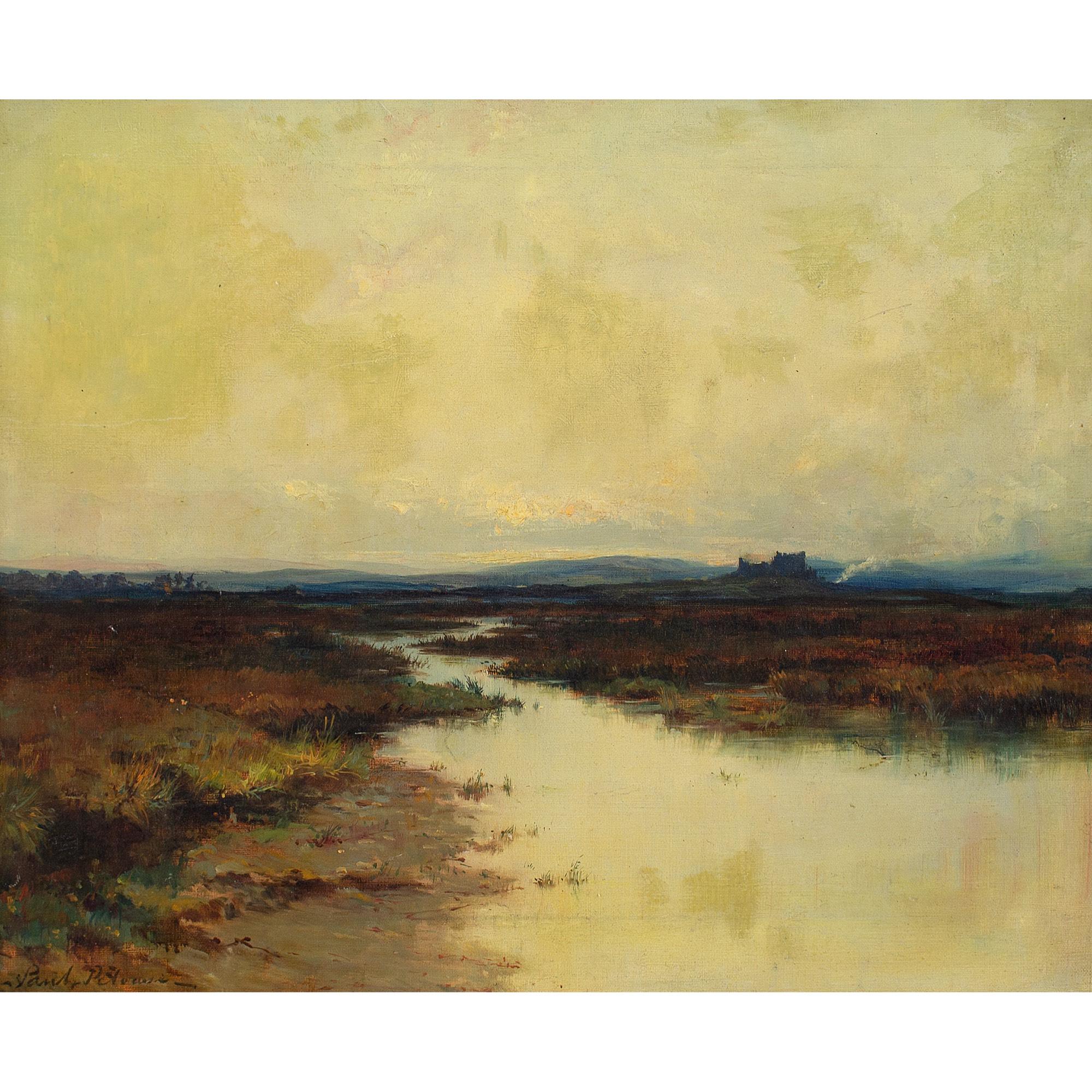 This early 20th-century Tonalist School oil on canvas depicts a lowland view with distant ruins.

Through a golden dreamlike haze, a winding river cuts across the lowlands towards a distant vanishing point. Three tiers of gentle hills are visible on