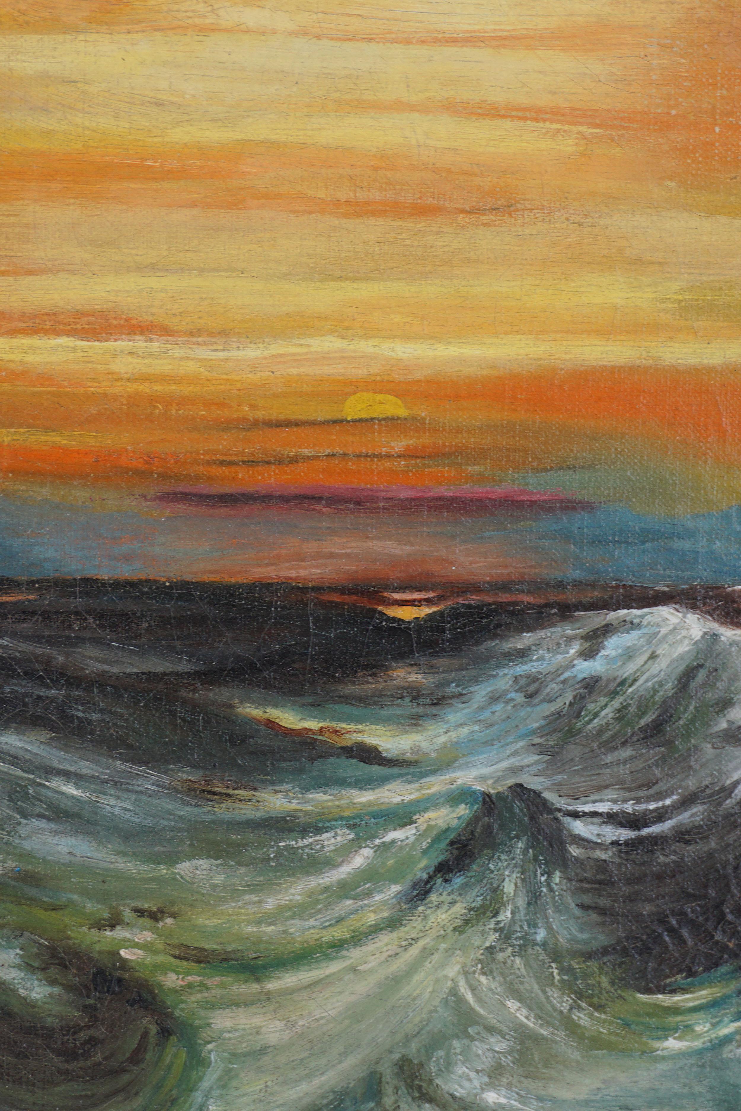 Début du 20e siècle Paysage marin au coucher de soleil vibrant  - Painting de Unknown