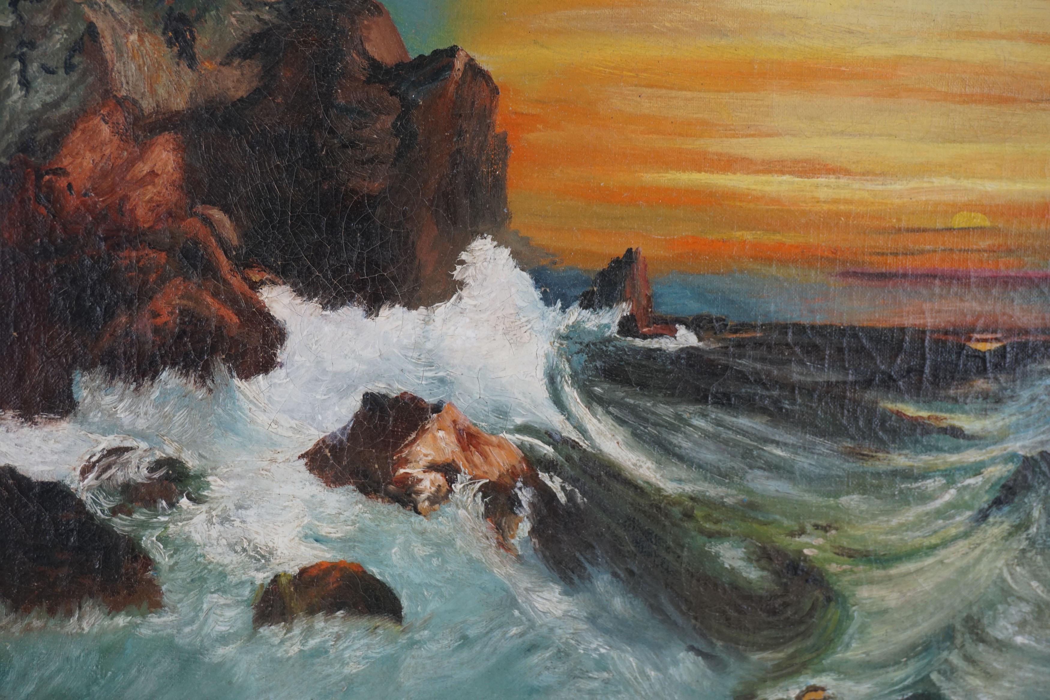 Début du 20e siècle Paysage marin au coucher de soleil vibrant  - Gris Landscape Painting par Unknown