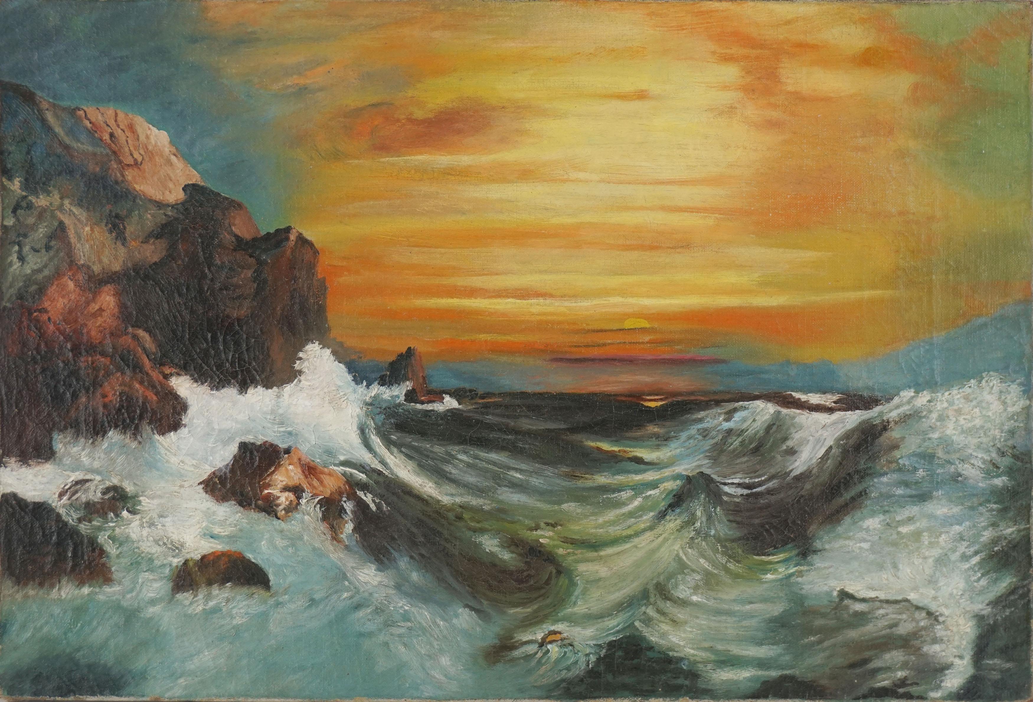 Landscape Painting Unknown - Début du 20e siècle Paysage marin au coucher de soleil vibrant 