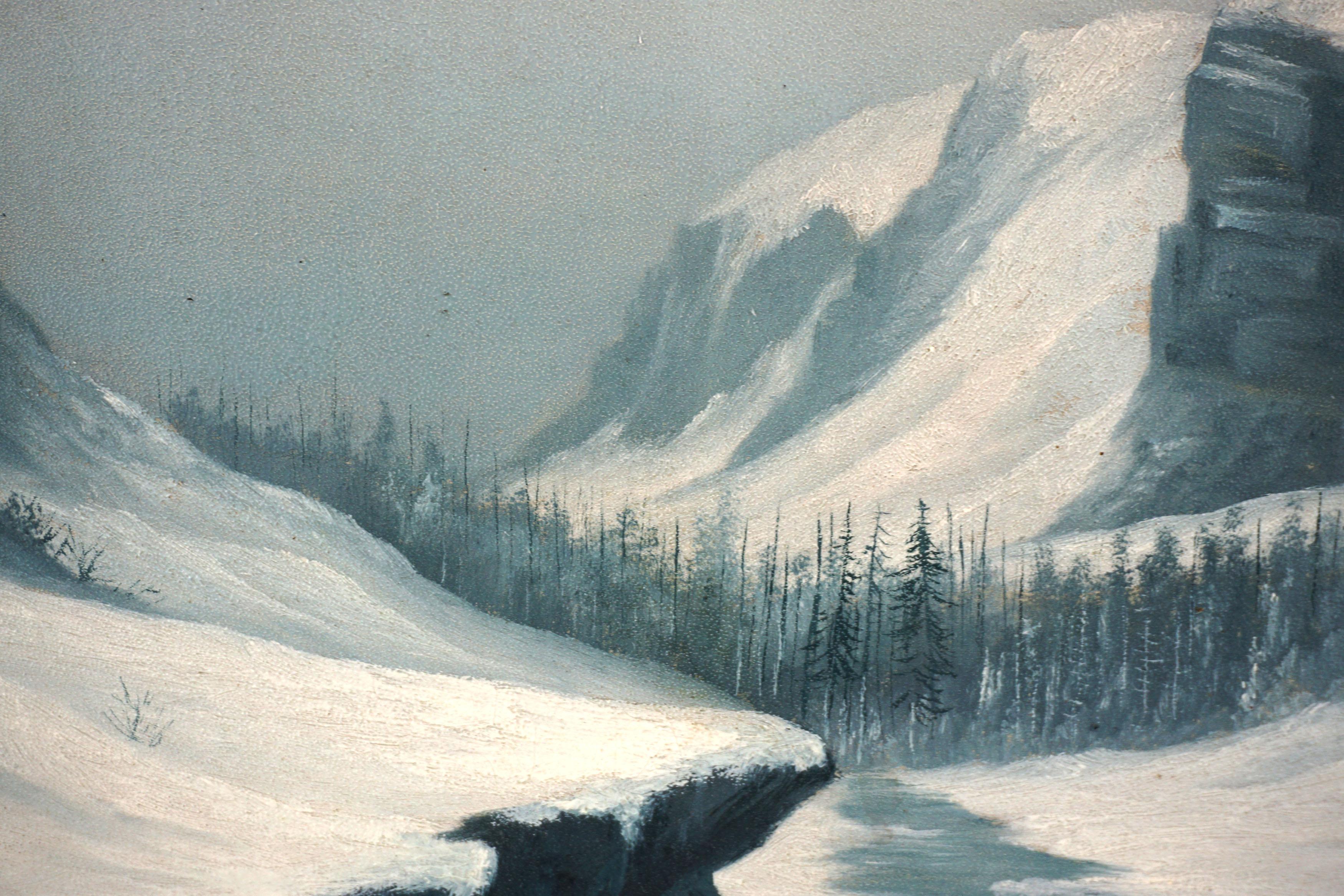 Pittura ad olio dei primi del Novecento con cabina innevata, firmata Paesaggio - Landscape Painting Grigio di Unknown
