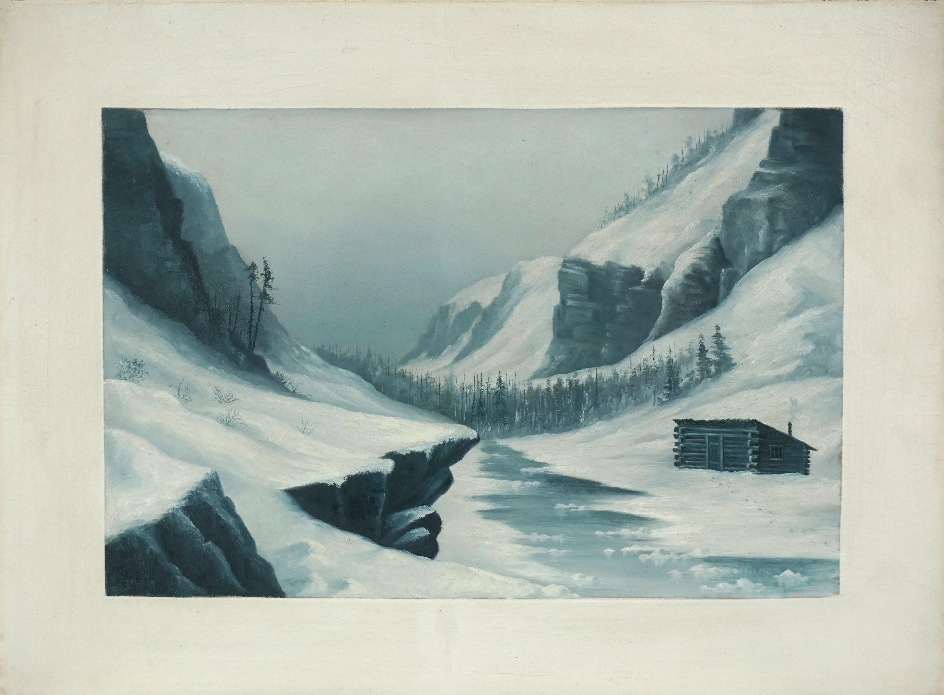 Peinture à l'huile de cabane givrée du début du 20e siècle, paysage signé