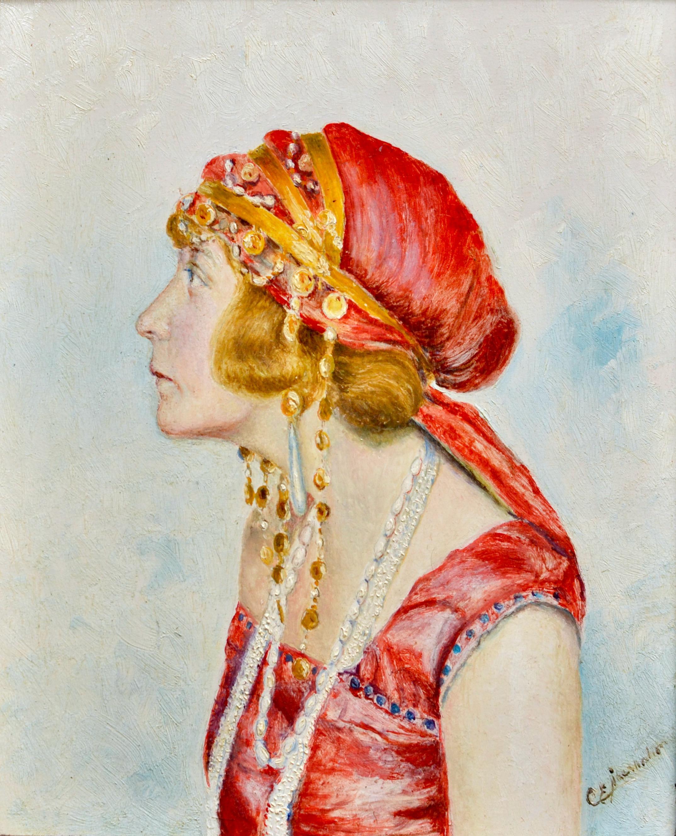 Début du 20e siècle Portrait de femme de profil en robe rouge. - Painting de Unknown