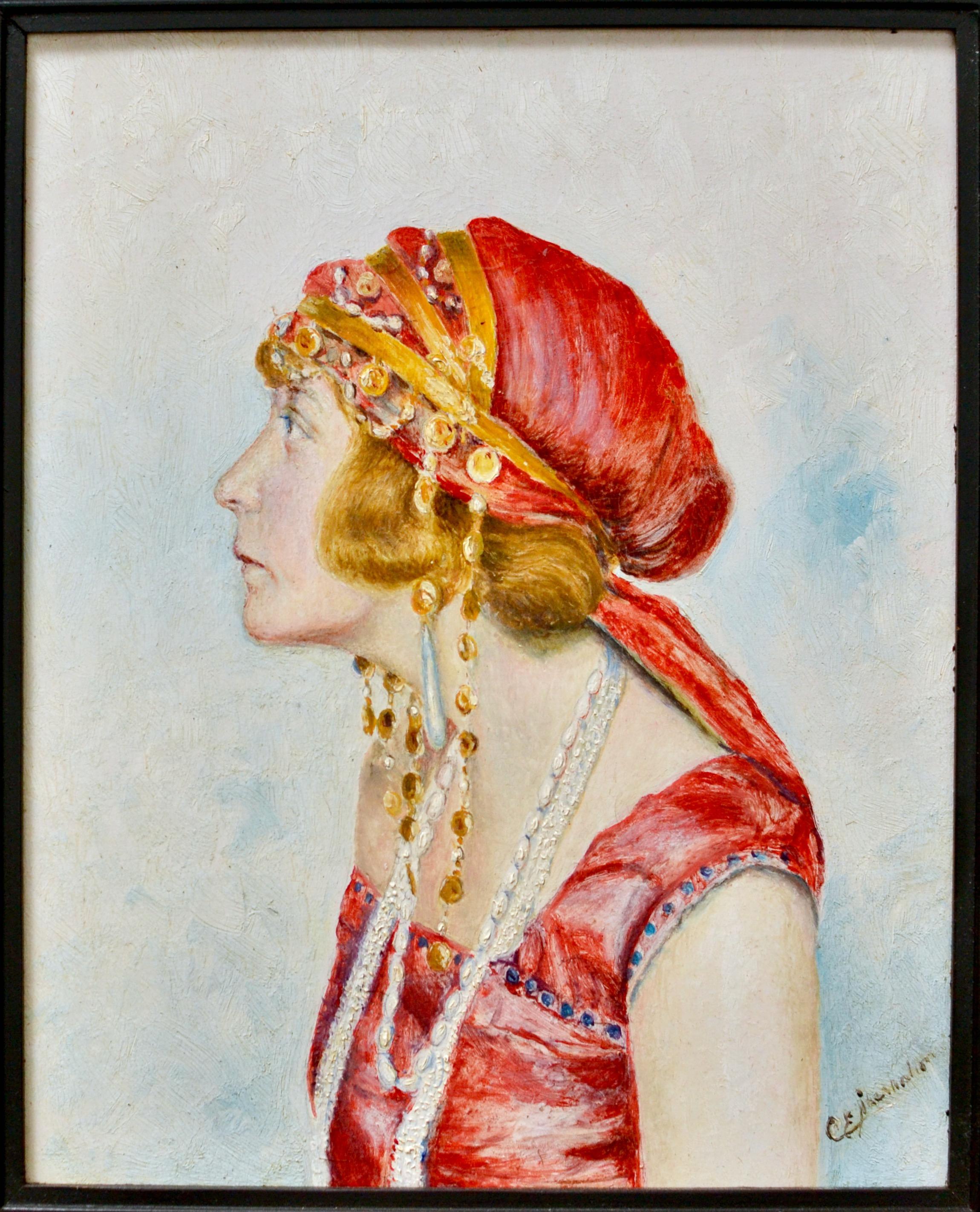 Début du 20e siècle Portrait de femme de profil en robe rouge. - Autres styles artistiques Painting par Unknown