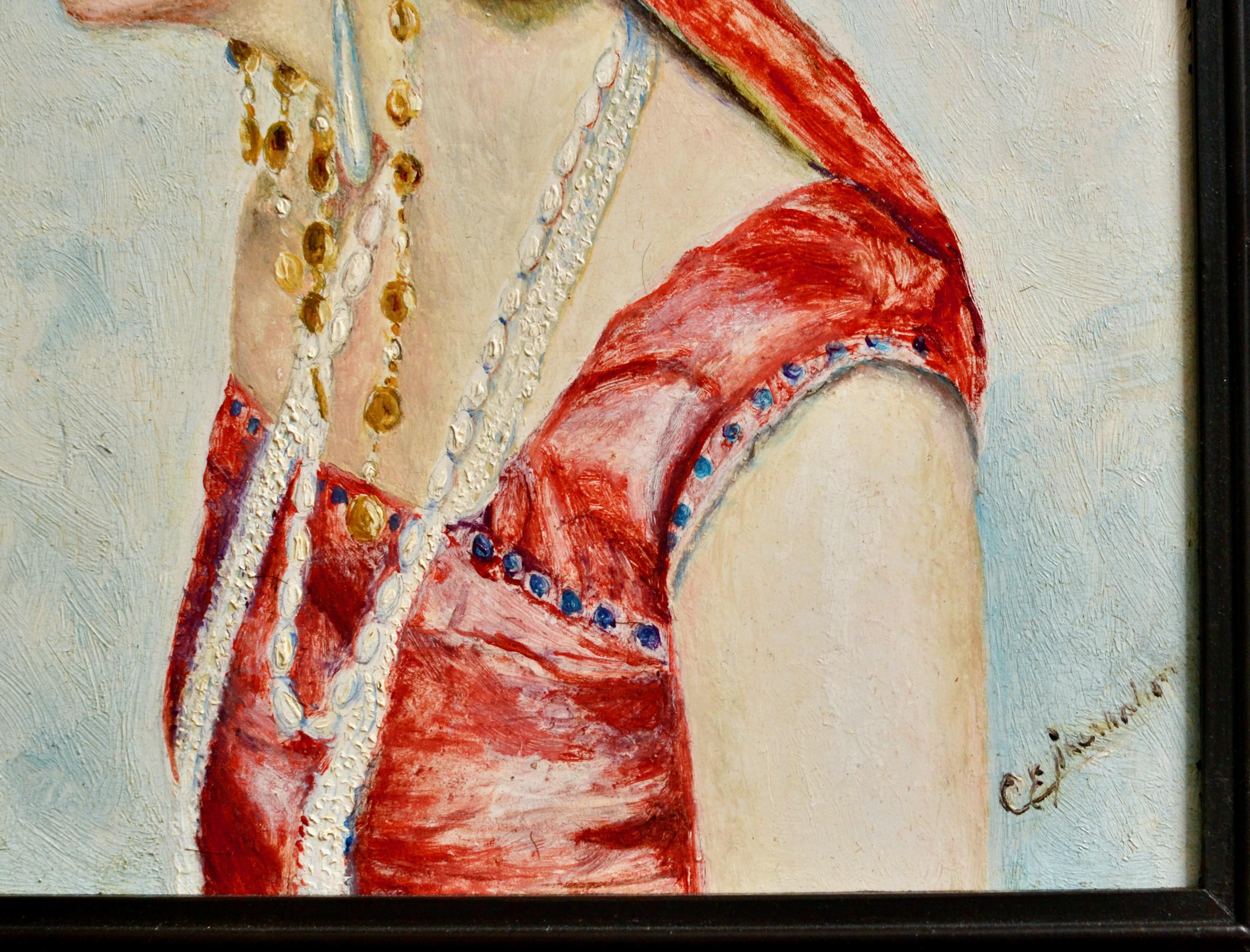 Début du 20e siècle Portrait de femme de profil en robe rouge. - Beige Portrait Painting par Unknown