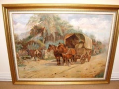 Early 20th Oil Painting On Canvas Of Horses Watering Signed W.H. Dated 1928