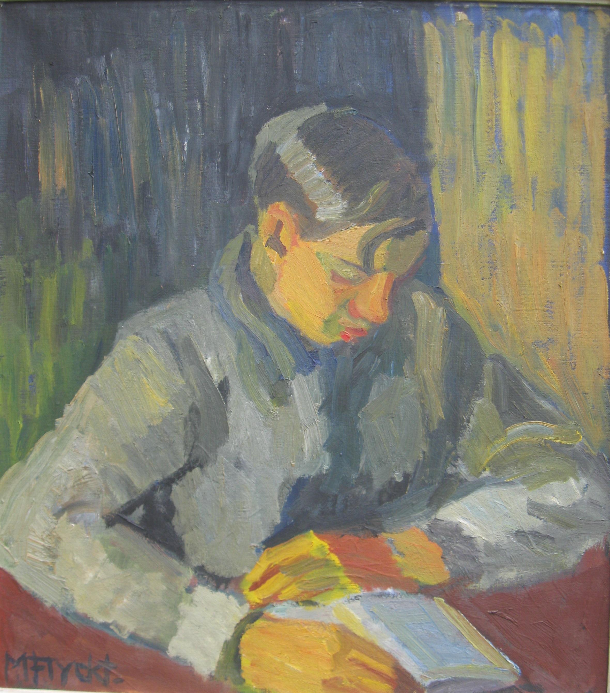 Early 20thC Expressionist/ Modernist Portrait of a Young Man Reading oil c1930 – Painting von Unknown